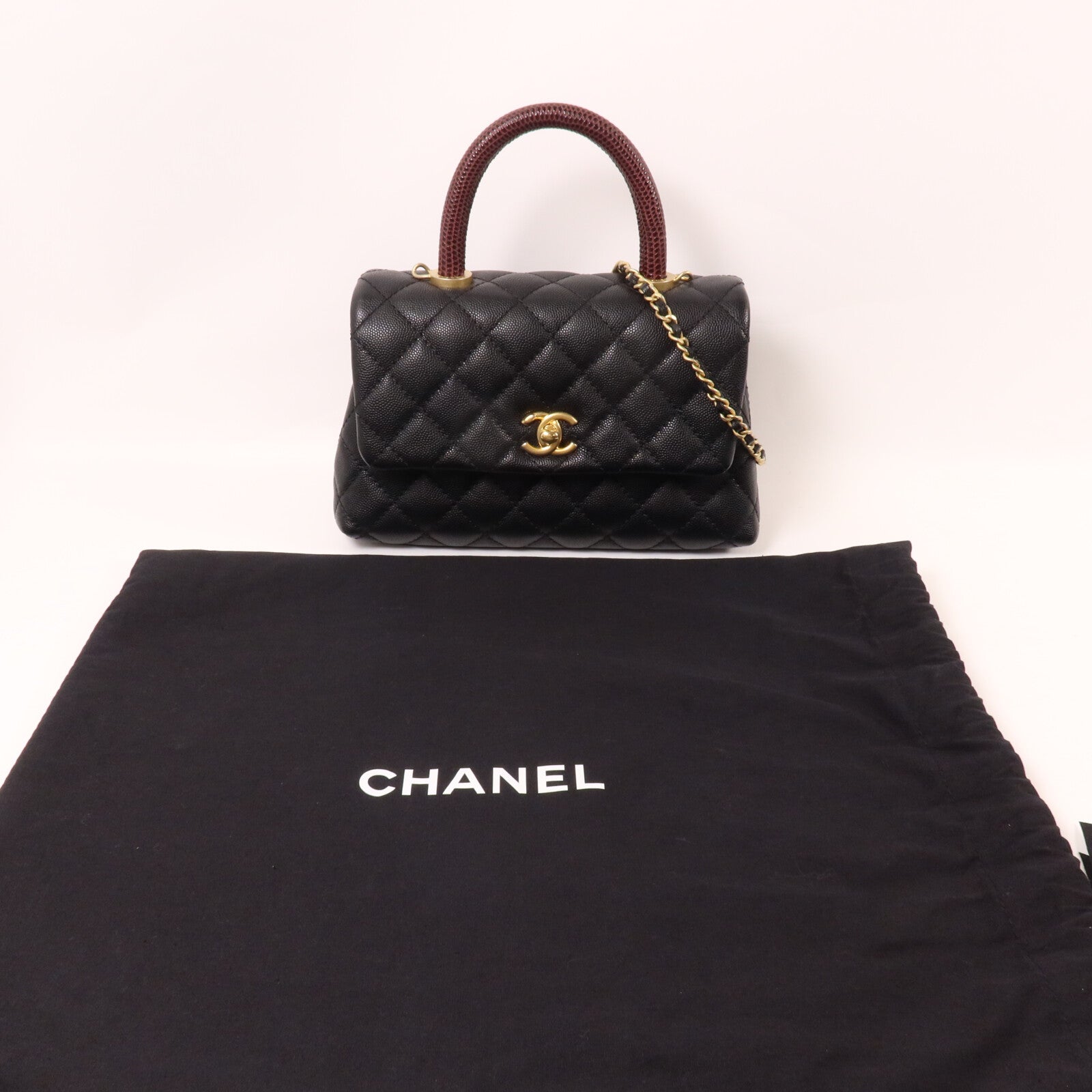 CHANEL 牛皮皮革/蜥蝪皮革Coco Handle鏈帶手挽肩背兩用袋