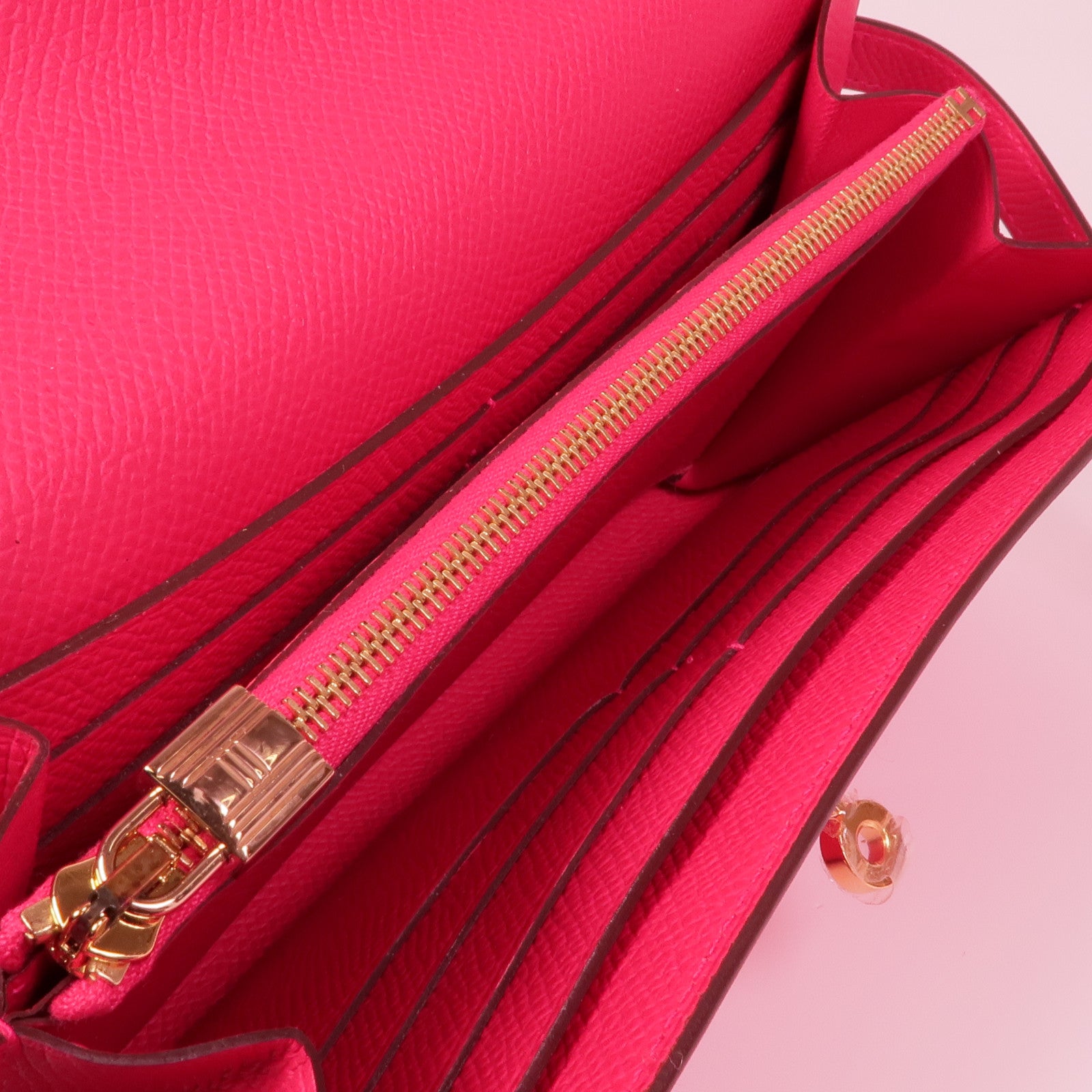 HERMES Epsom皮革Kelly Wallet金扣長錢包I6 Rose Extreme