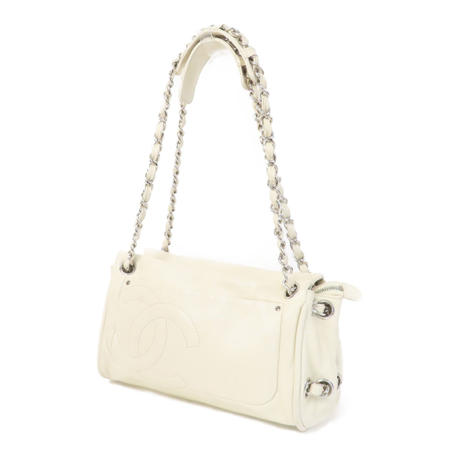 CHANEL 羊皮皮革Chain Shoulder銀扣鏈帶肩背袋白色