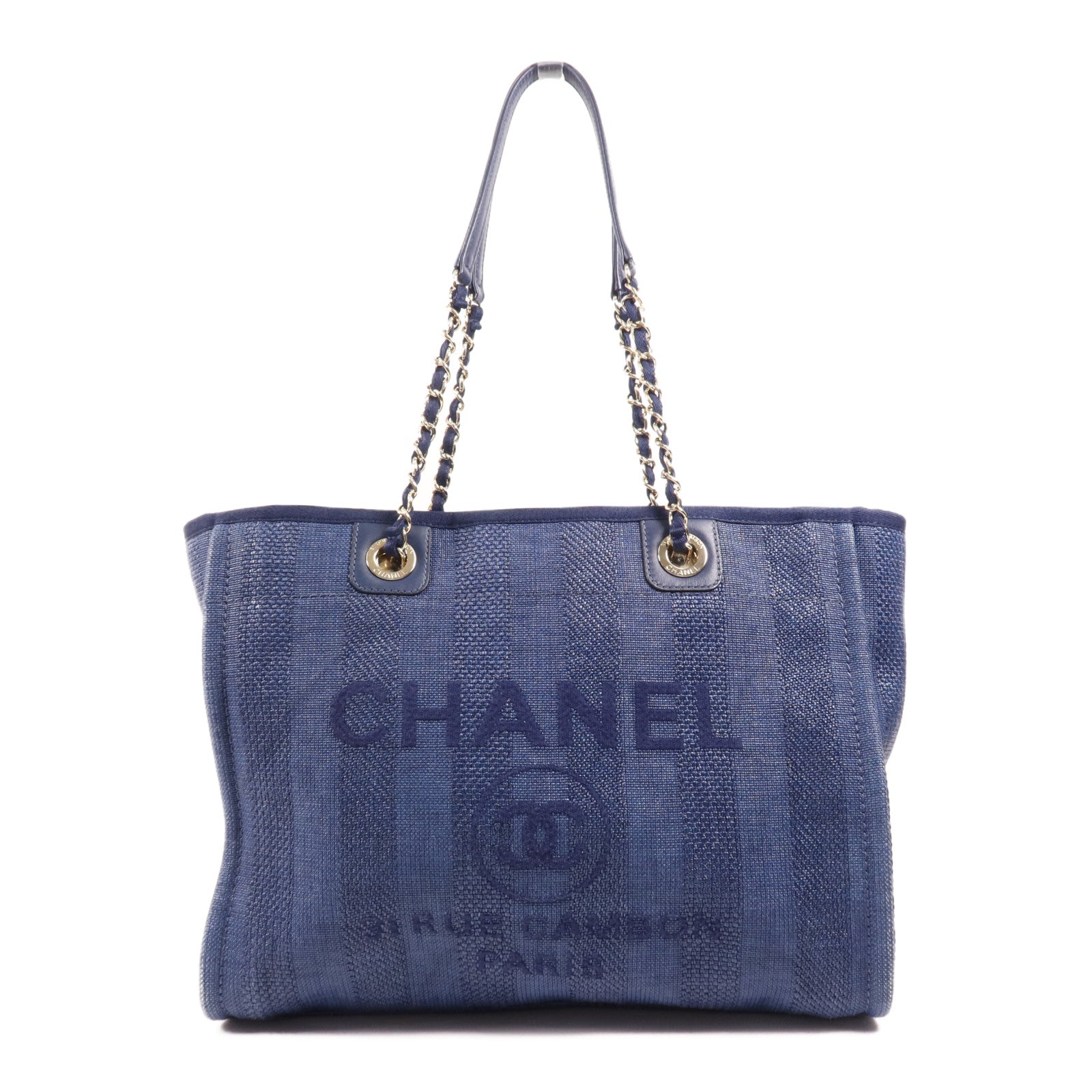 CHANEL 帆布Deauville Tote銀扣肩背袋