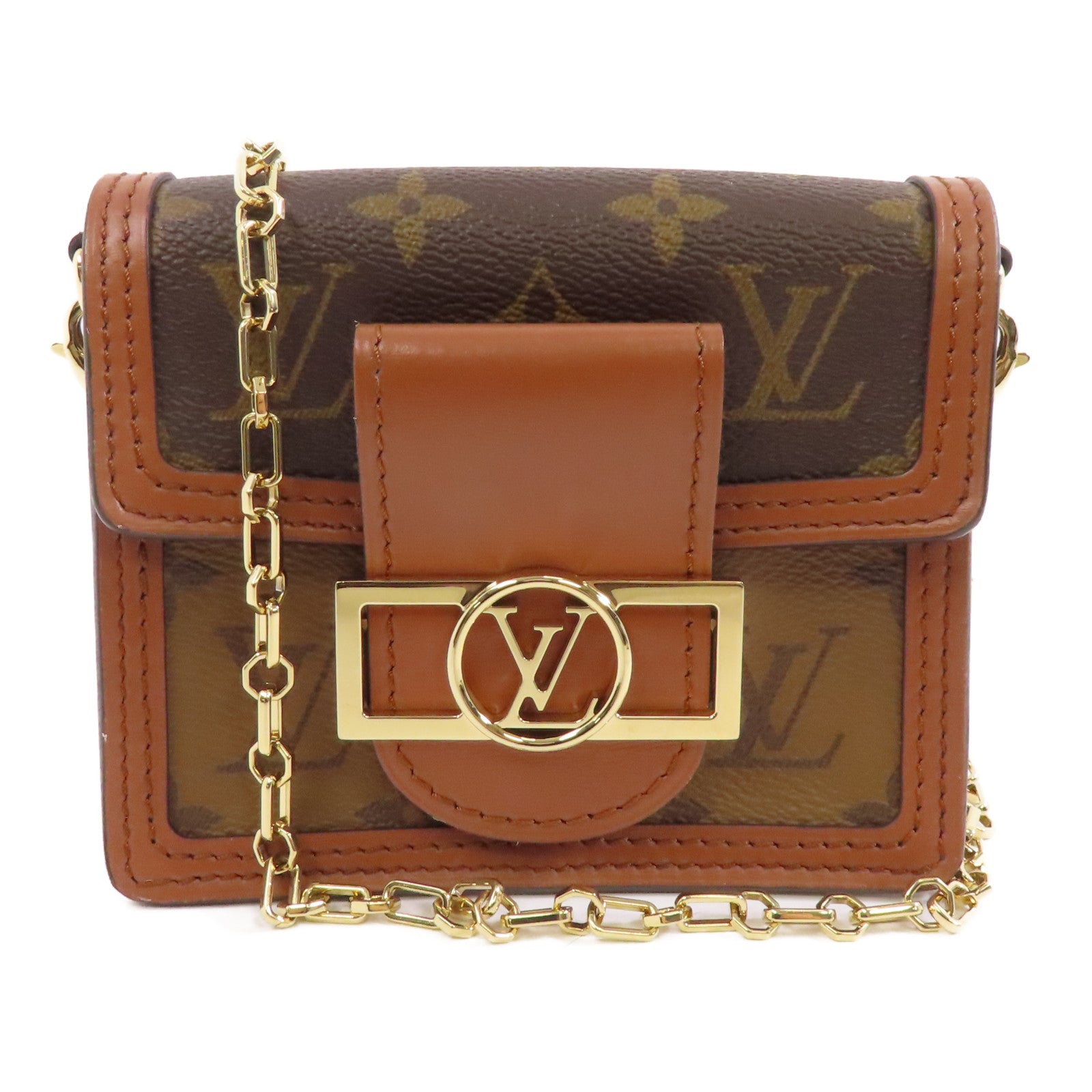 LOUIS VUITTON Monogram/Monogram Reverse Micro Dauphine金扣鏈帶肩背袋啡色