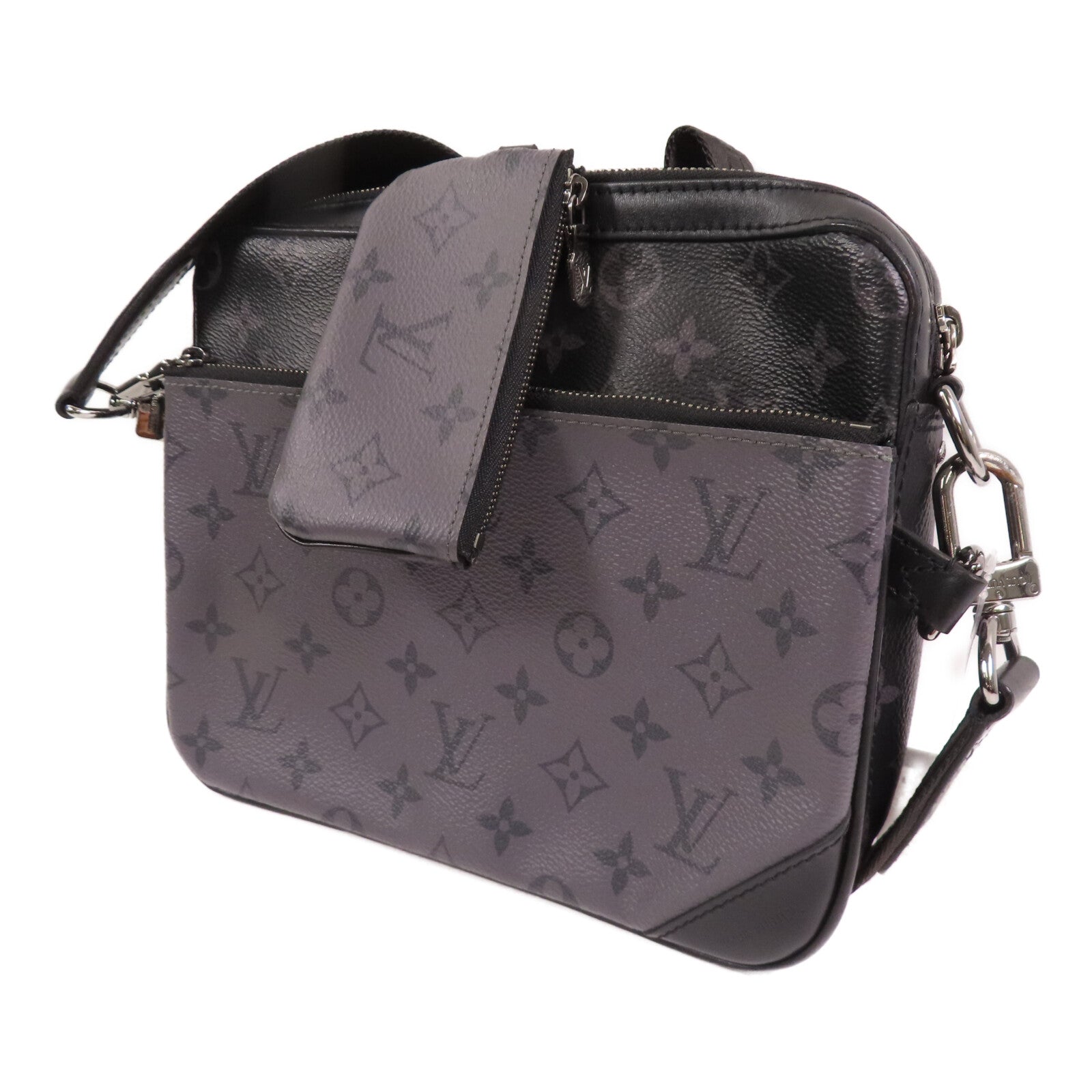 LOUIS VUITTON Monogram Eclipse Reverse Trio Messenger銀扣肩背袋灰色