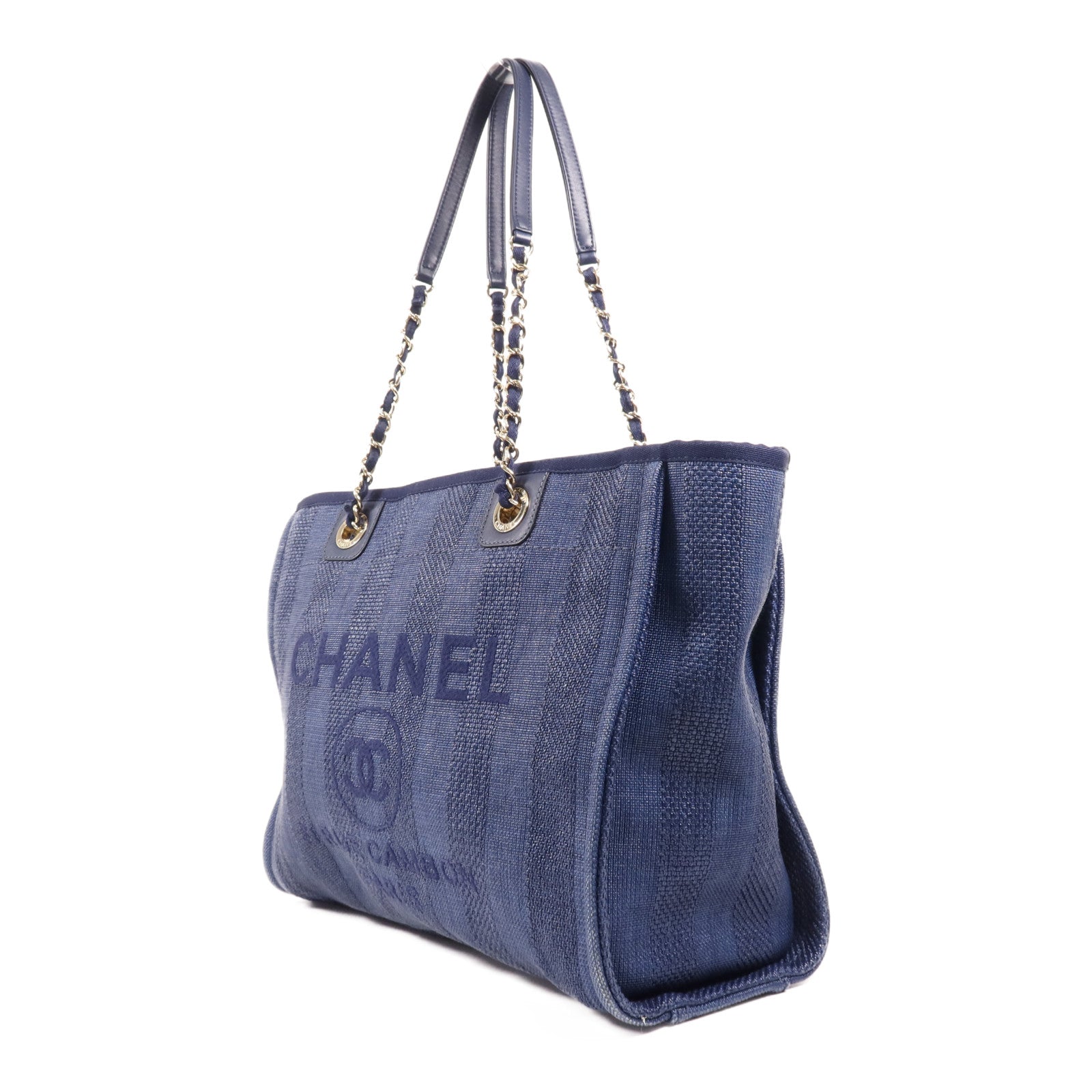 CHANEL 帆布Deauville Tote銀扣肩背袋