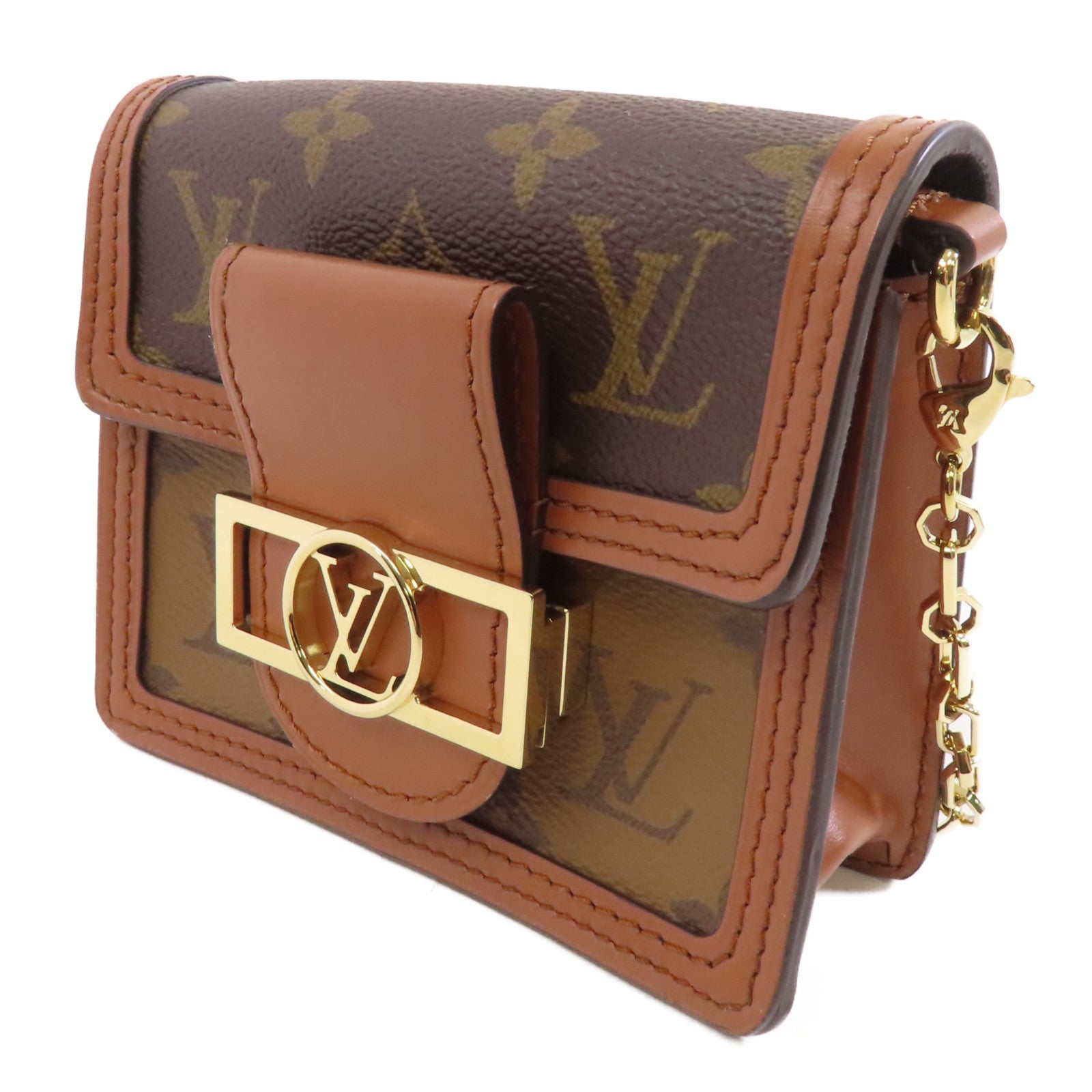 LOUIS VUITTON Monogram/Monogram Reverse Micro Dauphine金扣鏈帶肩背袋啡色