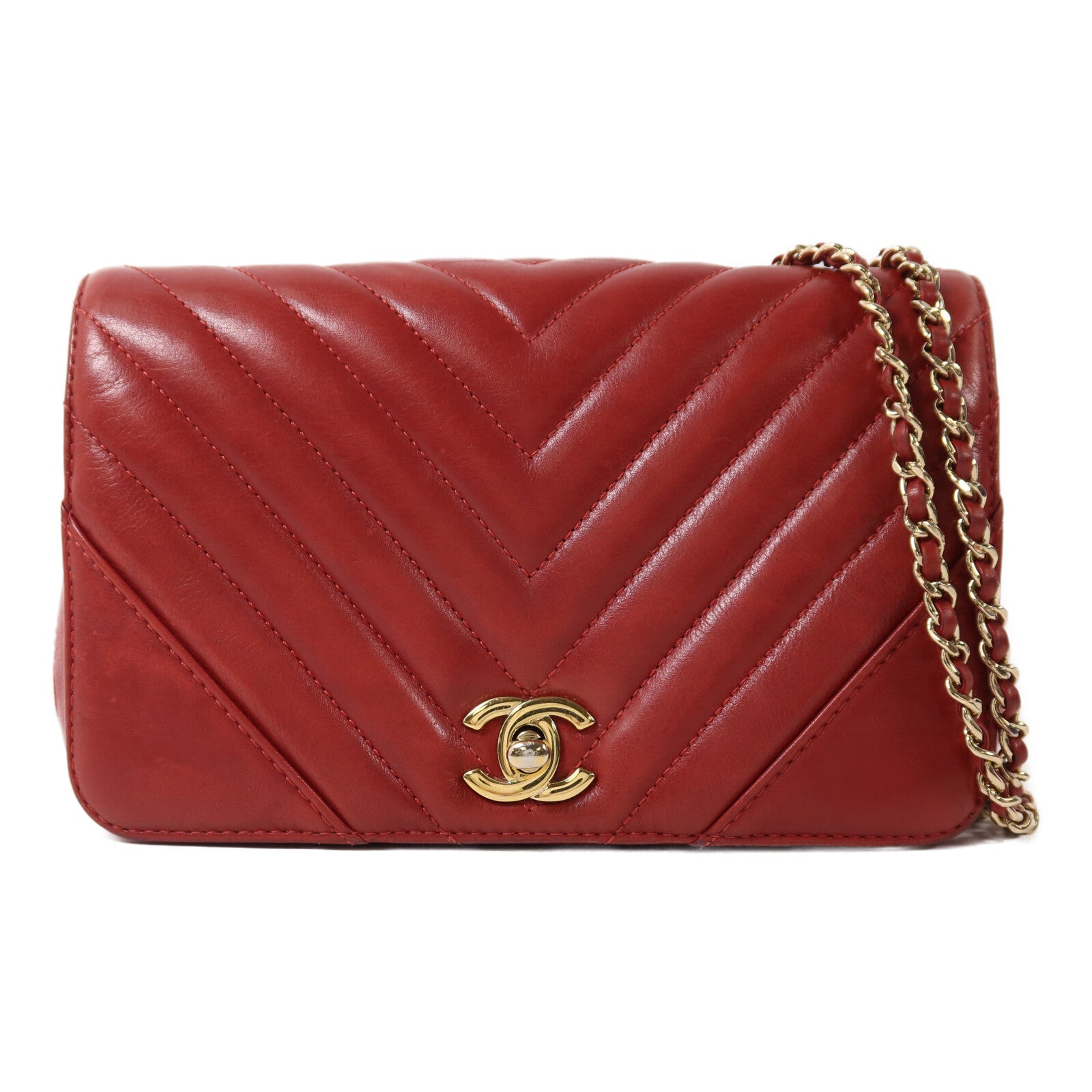 CHANEL 牛皮皮革Chevron Flap Bag金扣鏈帶肩背袋