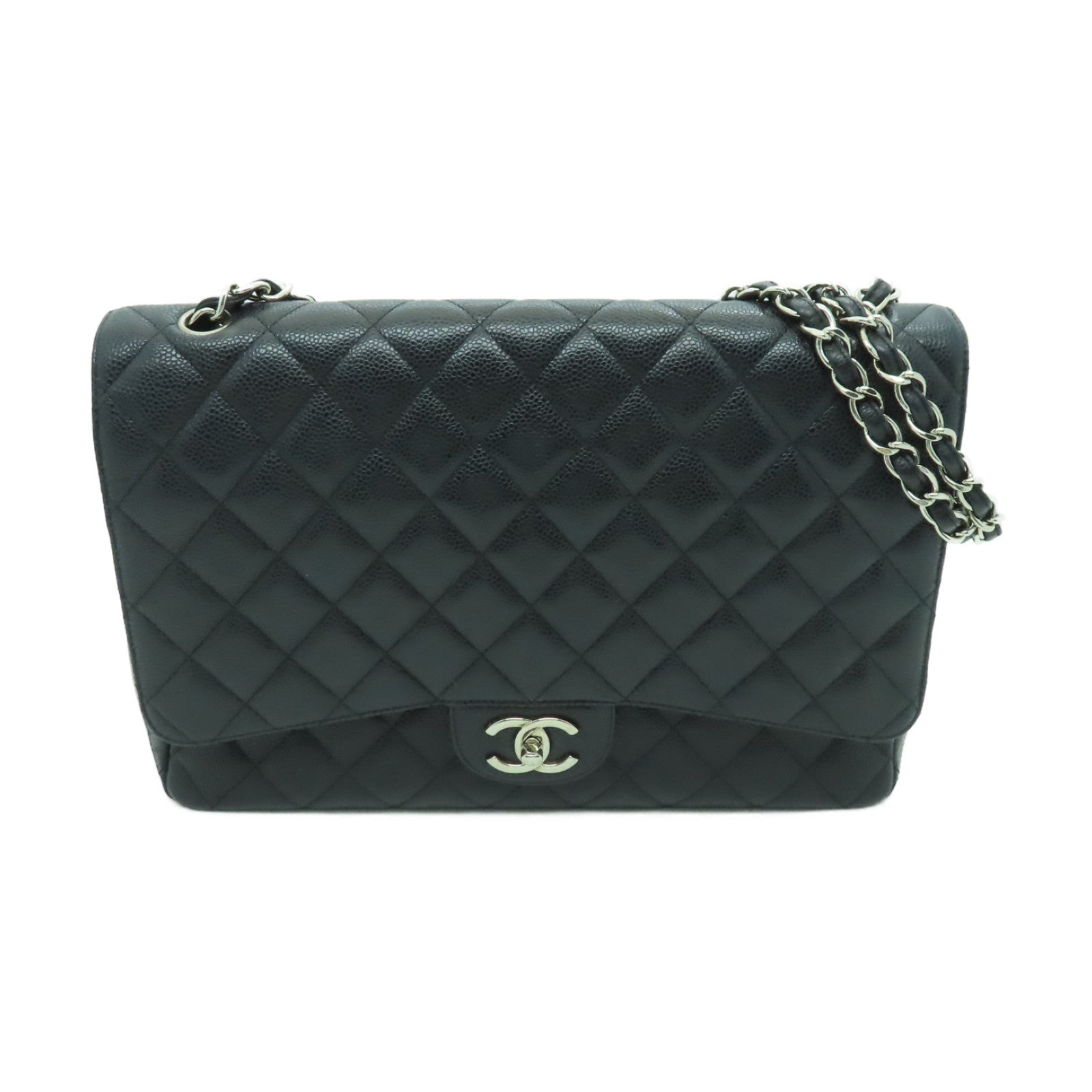 CHANEL 【均一特價】菱格Caviar皮革Classic銀扣鏈帶肩背袋黑色