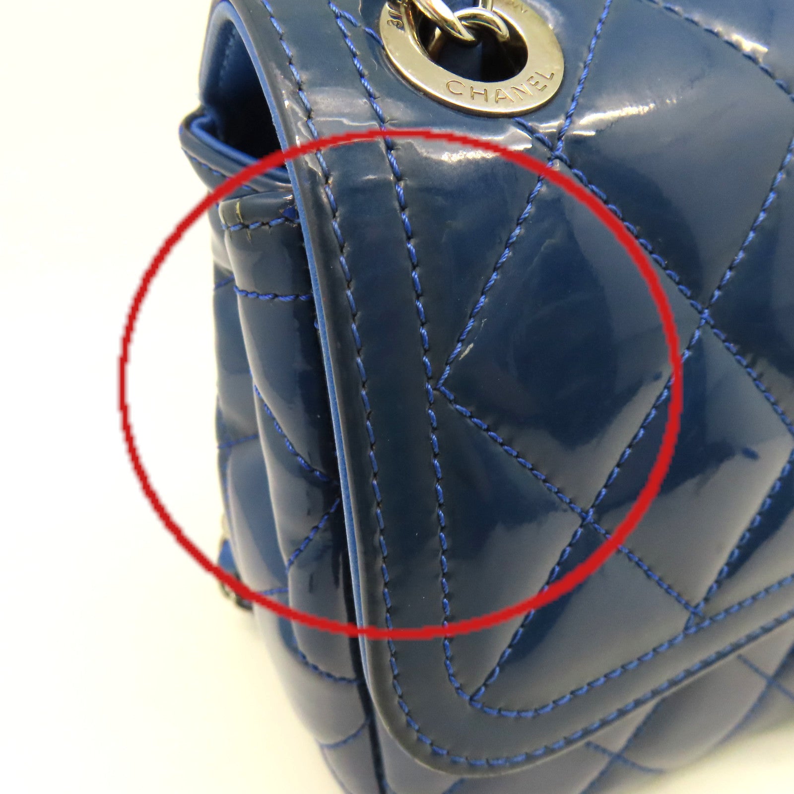 CHANEL 菱格漆皮皮革Chain Shoulder Bag銀扣鏈帶肩背袋藍色