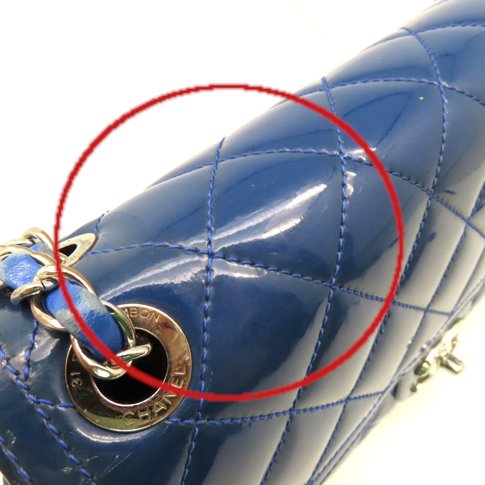 CHANEL 菱格漆皮皮革Chain Shoulder Bag銀扣鏈帶肩背袋藍色
