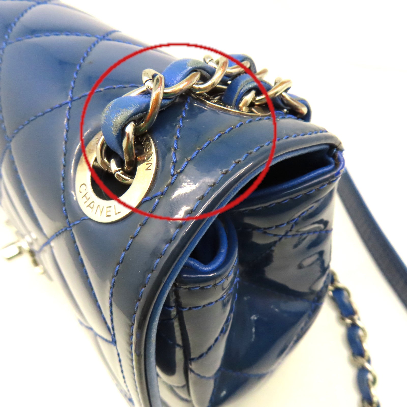 CHANEL 菱格漆皮皮革Chain Shoulder Bag銀扣鏈帶肩背袋藍色