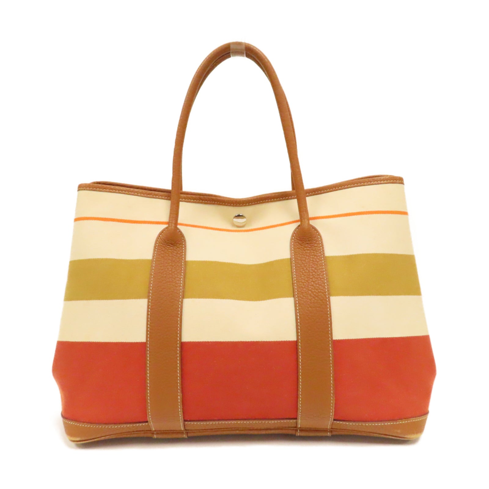 HERMES **【激減優惠】帆布GardenParty PM銀扣手挽袋橙色/米色