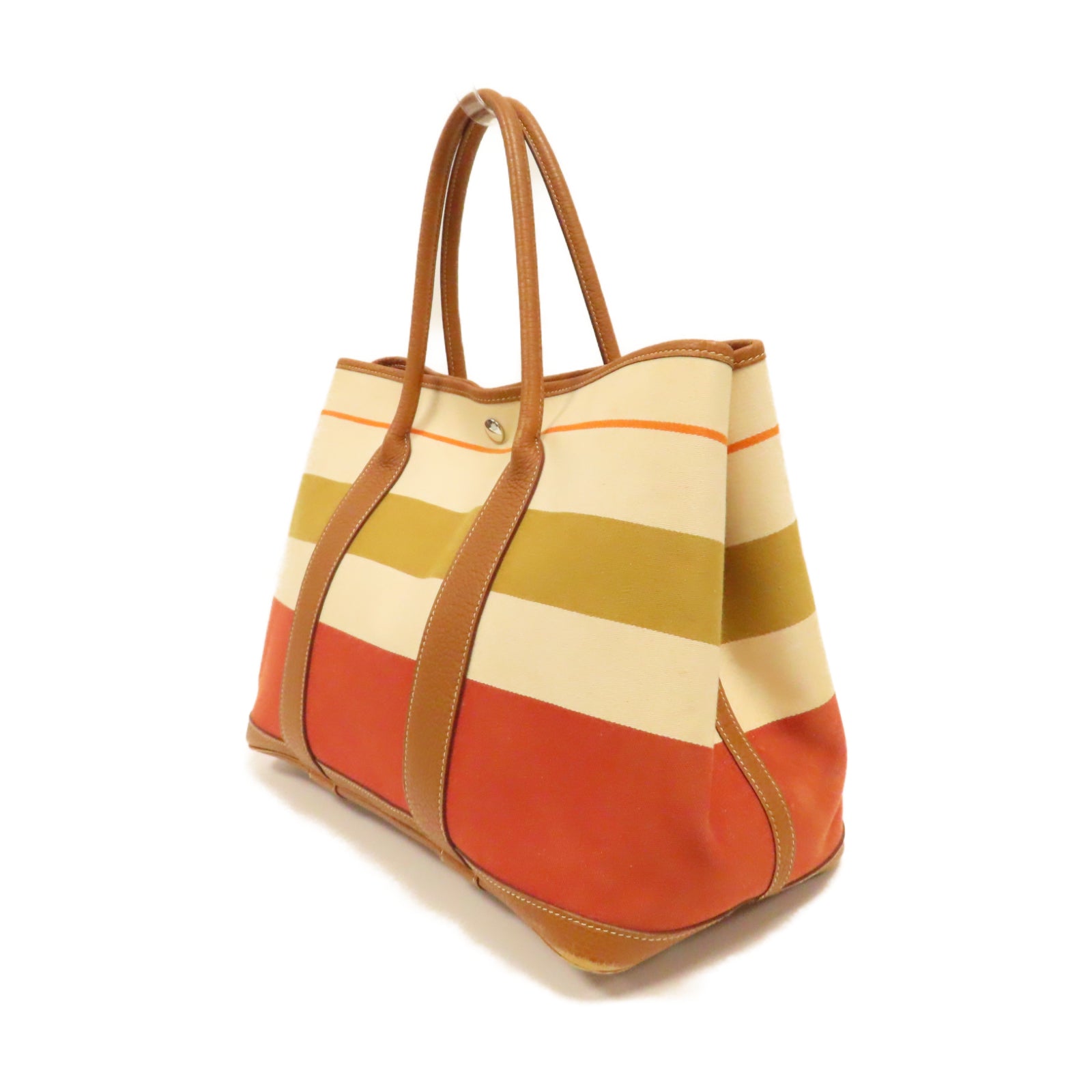 HERMES **【激減優惠】帆布GardenParty PM銀扣手挽袋橙色/米色
