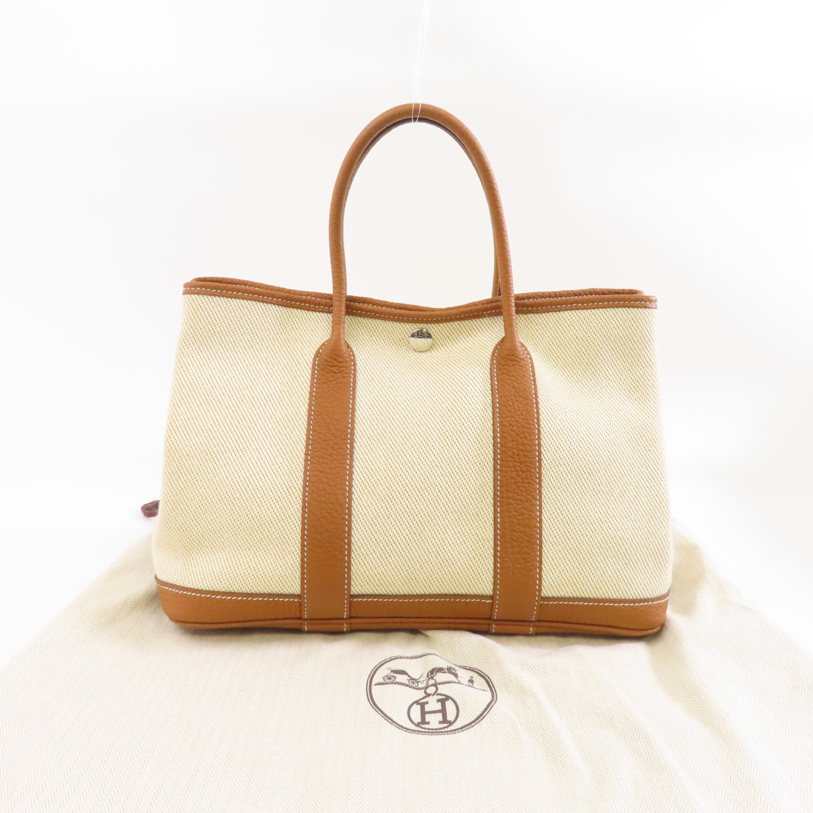 HERMES 【激減優惠】帆布Garden Party TPM銀扣手挽袋啡色