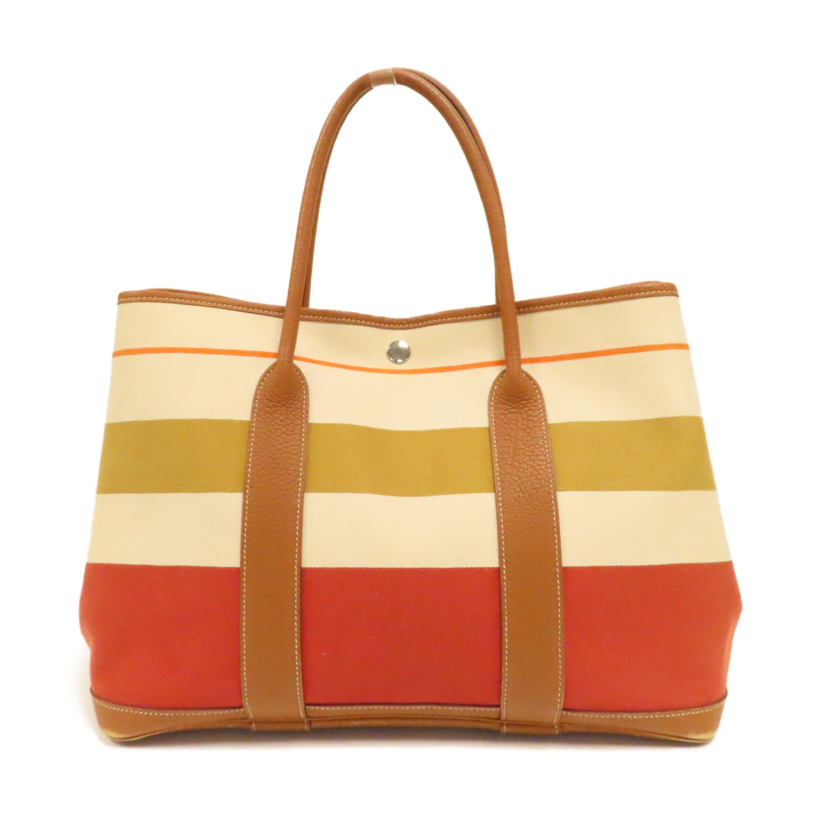 HERMES **【激減優惠】帆布GardenParty PM銀扣手挽袋橙色/米色