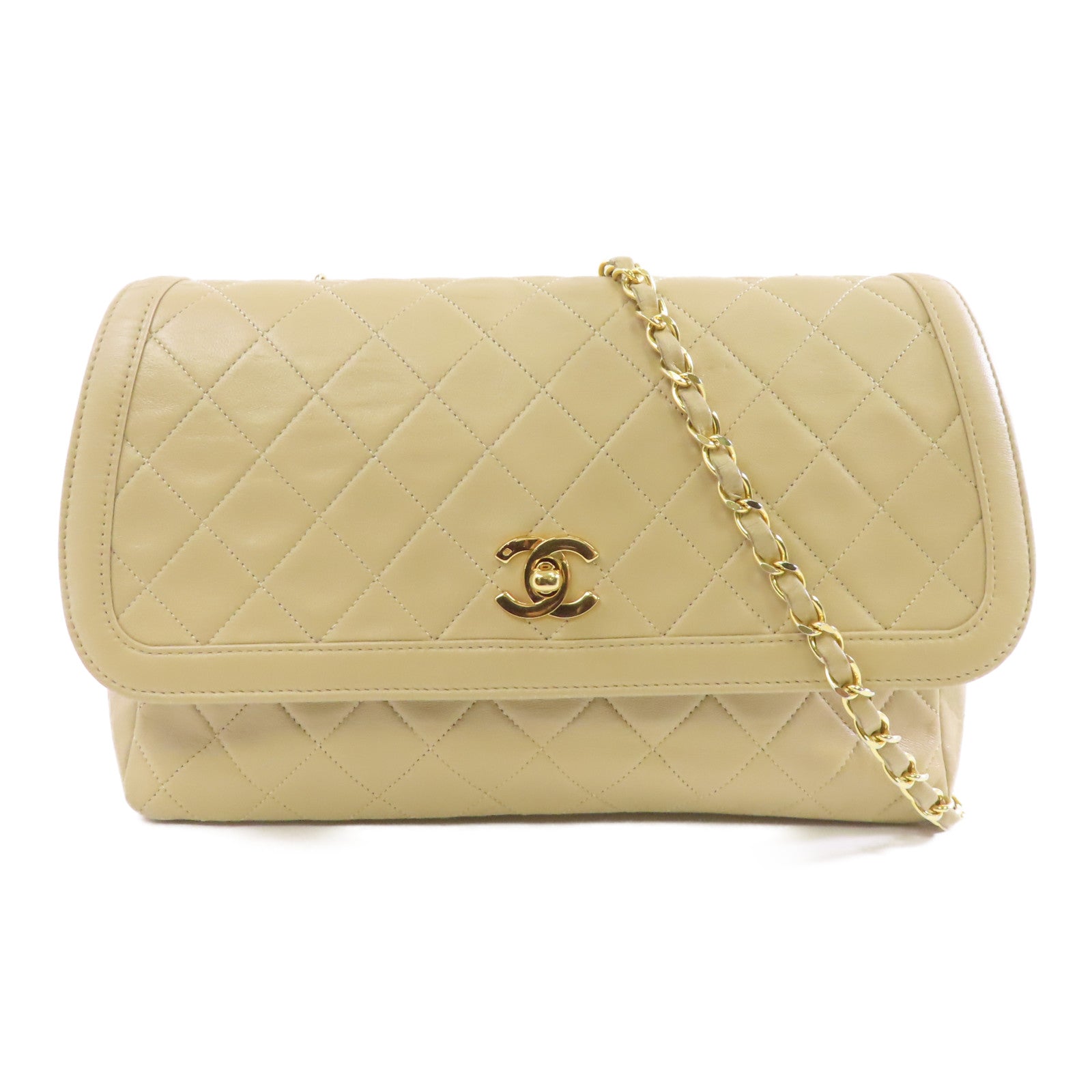 CHANEL 菱格羊皮皮革Chain Shoulder金扣肩背袋卡其色