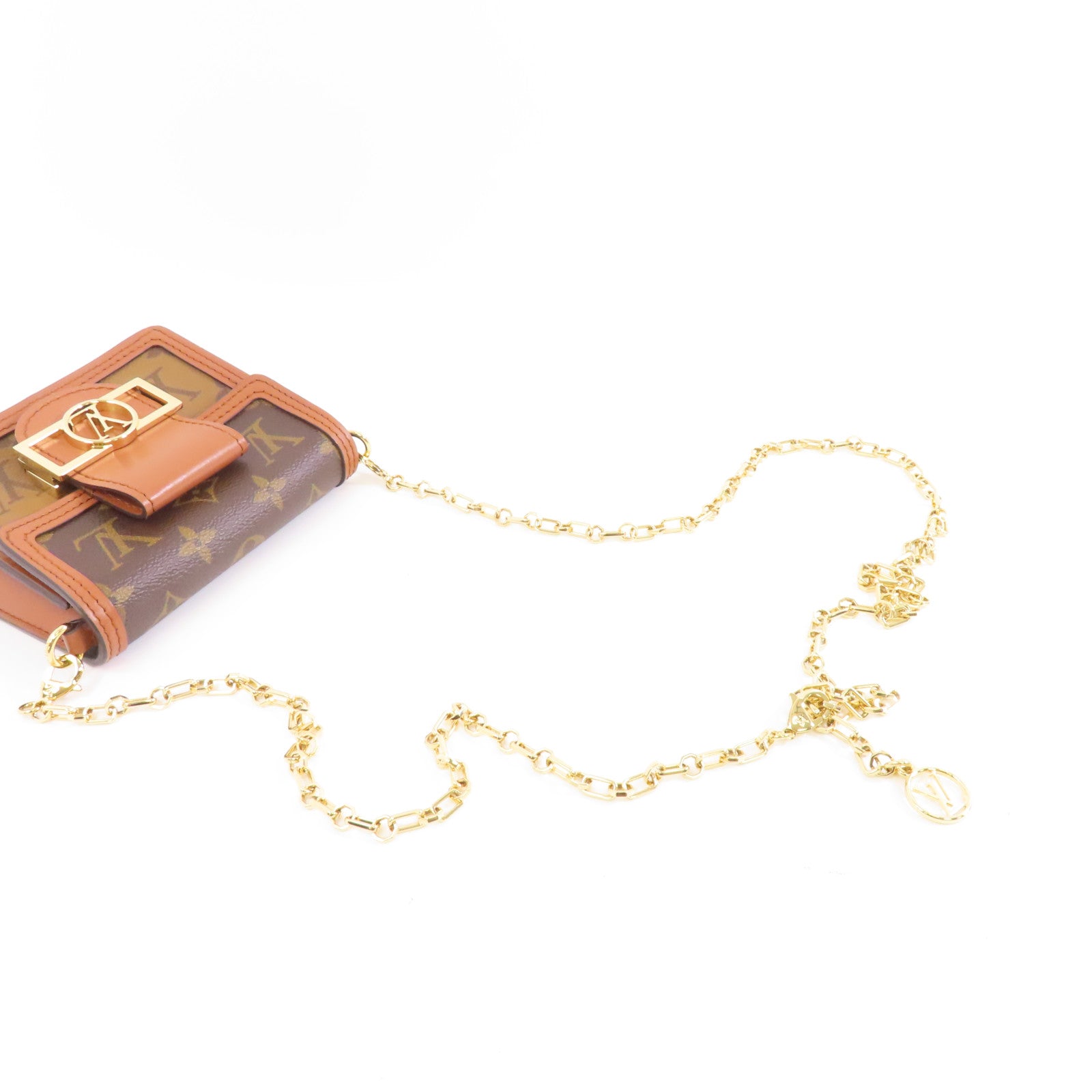 LOUIS VUITTON Monogram/Monogram Reverse Micro Dauphine金扣鏈帶肩背袋啡色