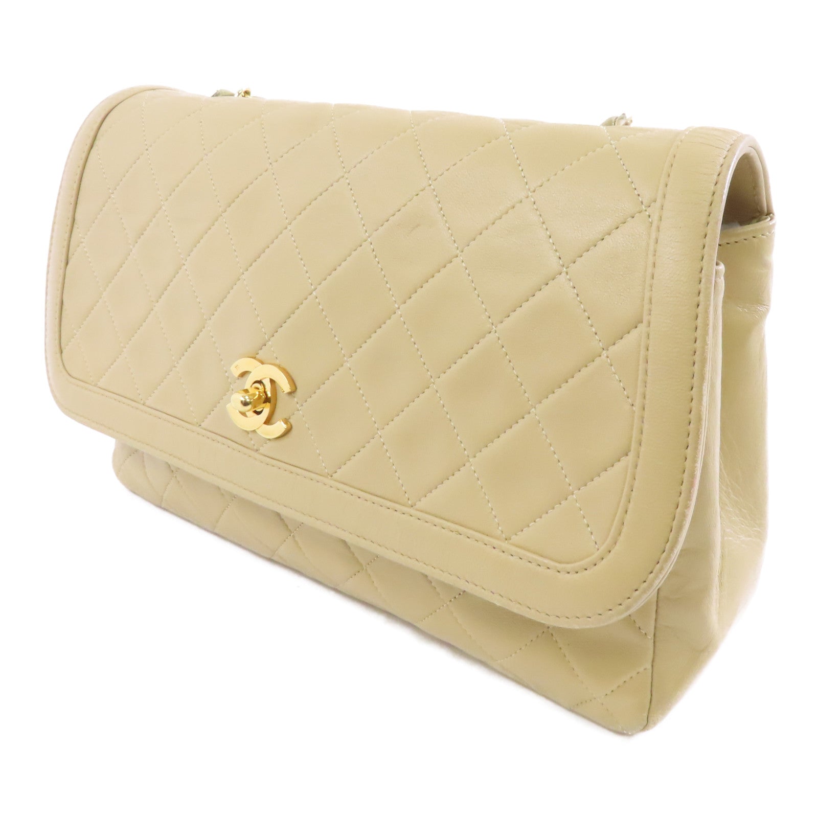 CHANEL 菱格羊皮皮革Chain Shoulder金扣肩背袋卡其色