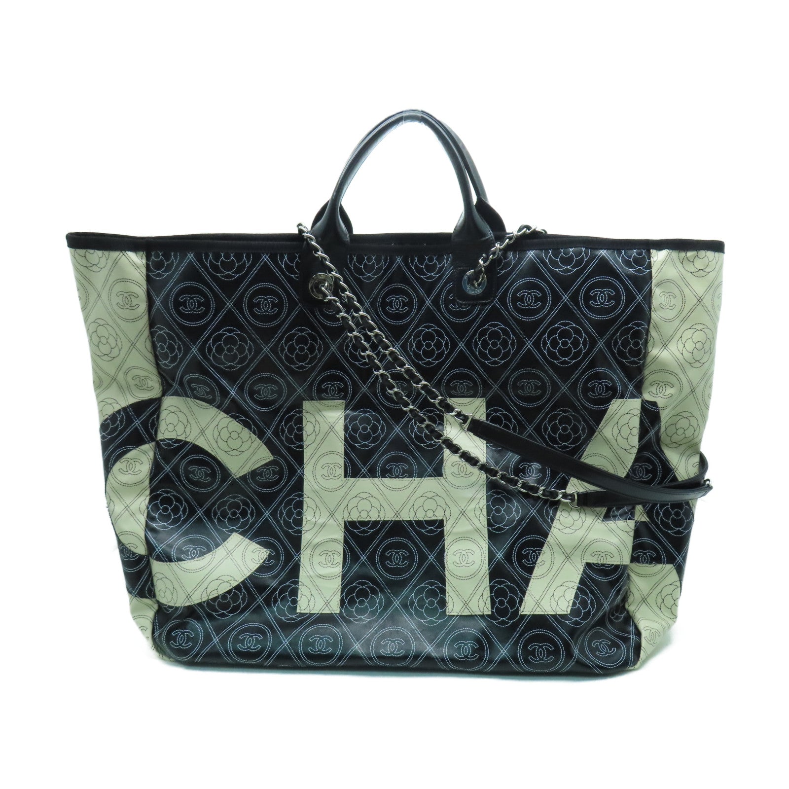 CHANEL 【激減優惠】塗層帆布Camellia Large Shopping Bag銀扣手挽袋黑色/白色