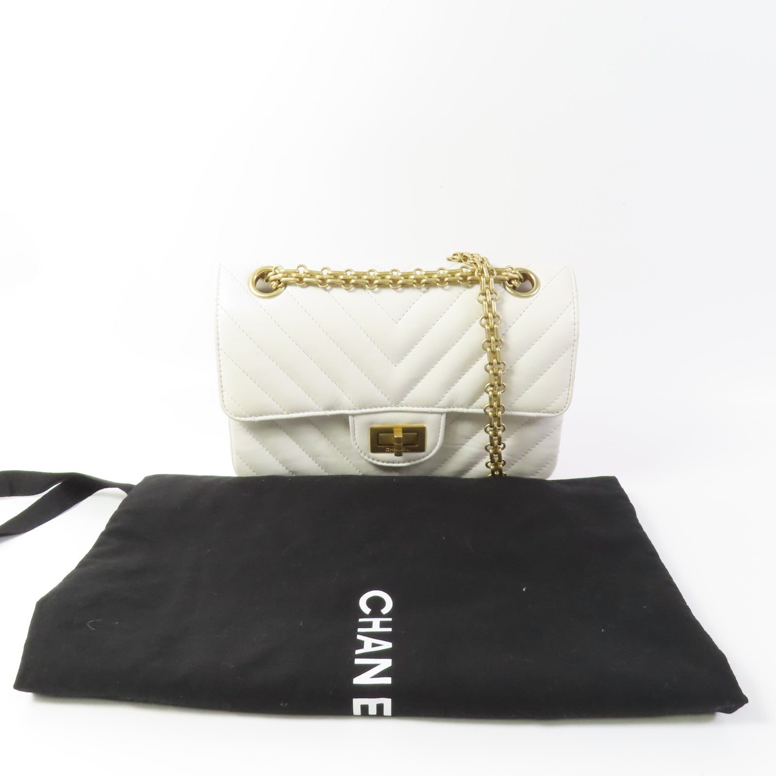 CHANEL 牛皮皮革2.55 20cm金扣鏈帶肩背袋