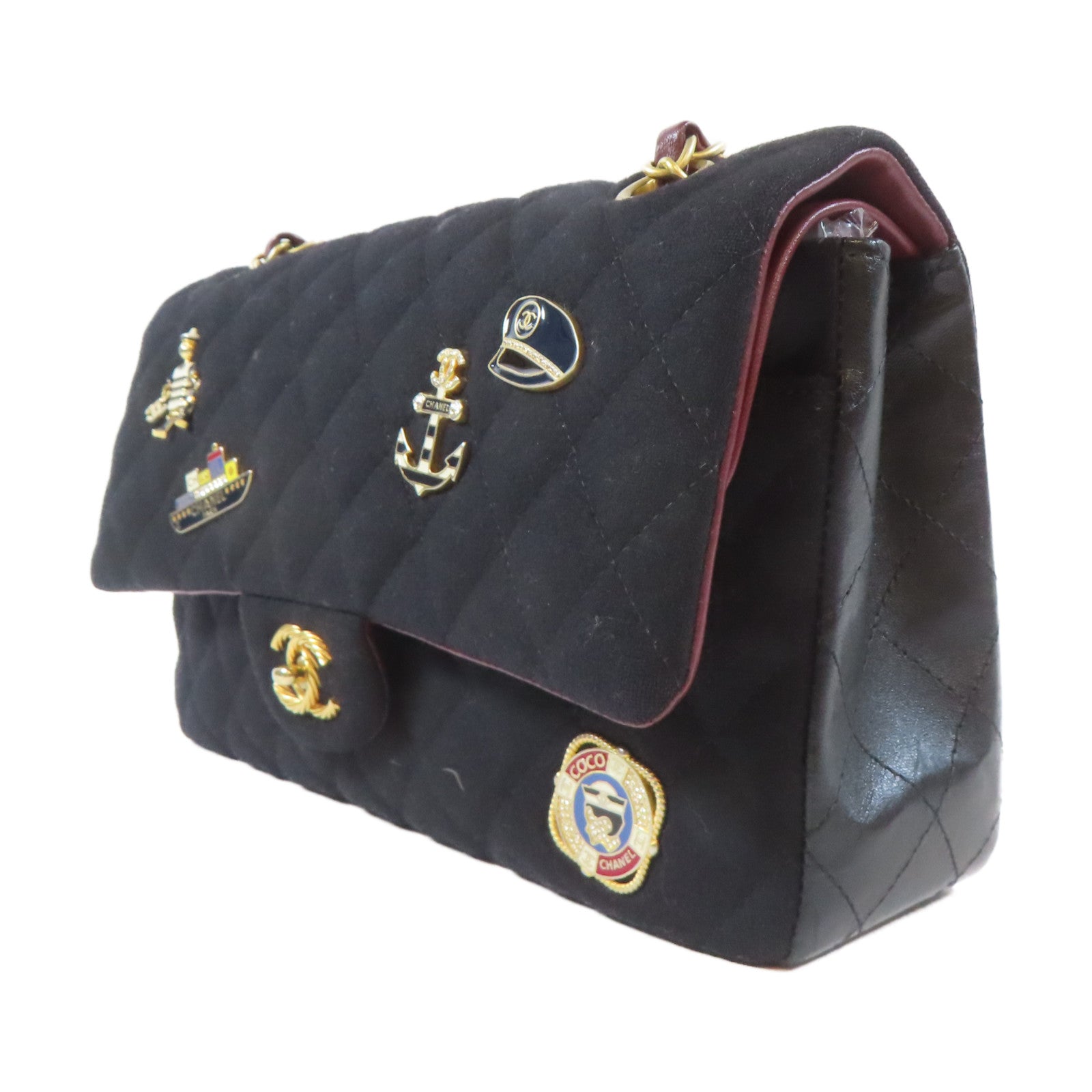 CHANEL 菱格羊毛Chain Shoulder金扣鏈帶肩背袋黑色