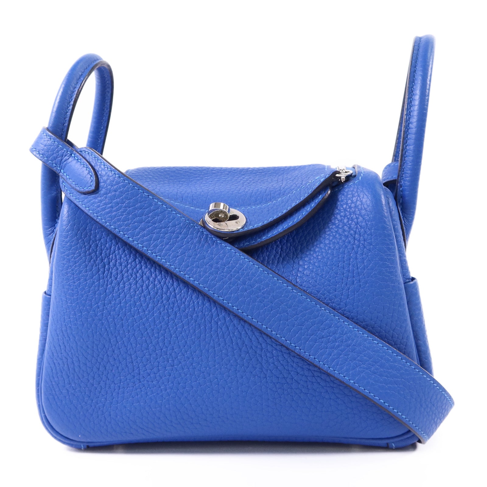 HERMES Clemence皮革Mini Lindy銀扣手挽肩背兩用袋Bleu Hydra