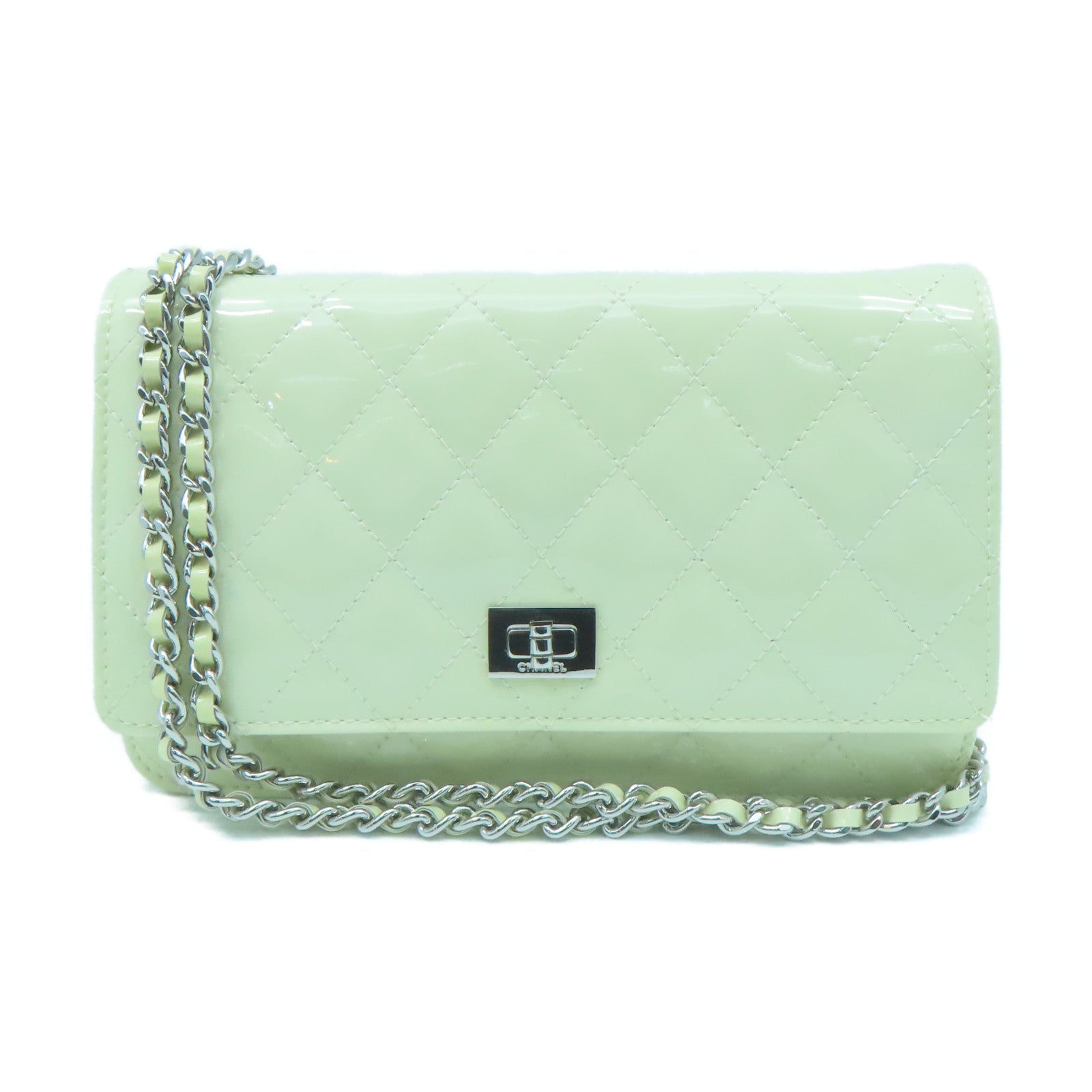 CHANEL diamond patent leather leather 2.55 WOC silver buckle shoulder bag beige