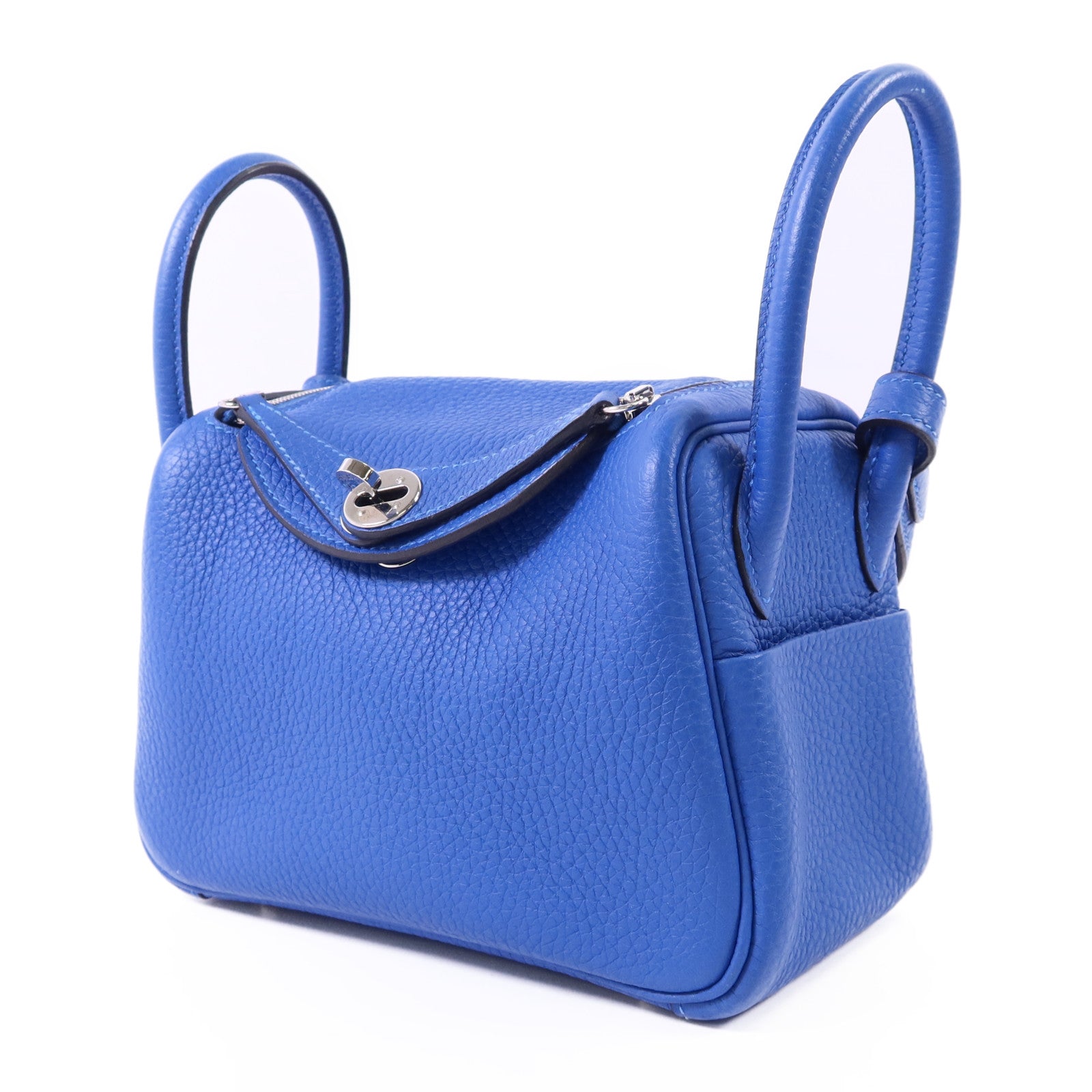 HERMES Clemence皮革Mini Lindy銀扣手挽肩背兩用袋Bleu Hydra