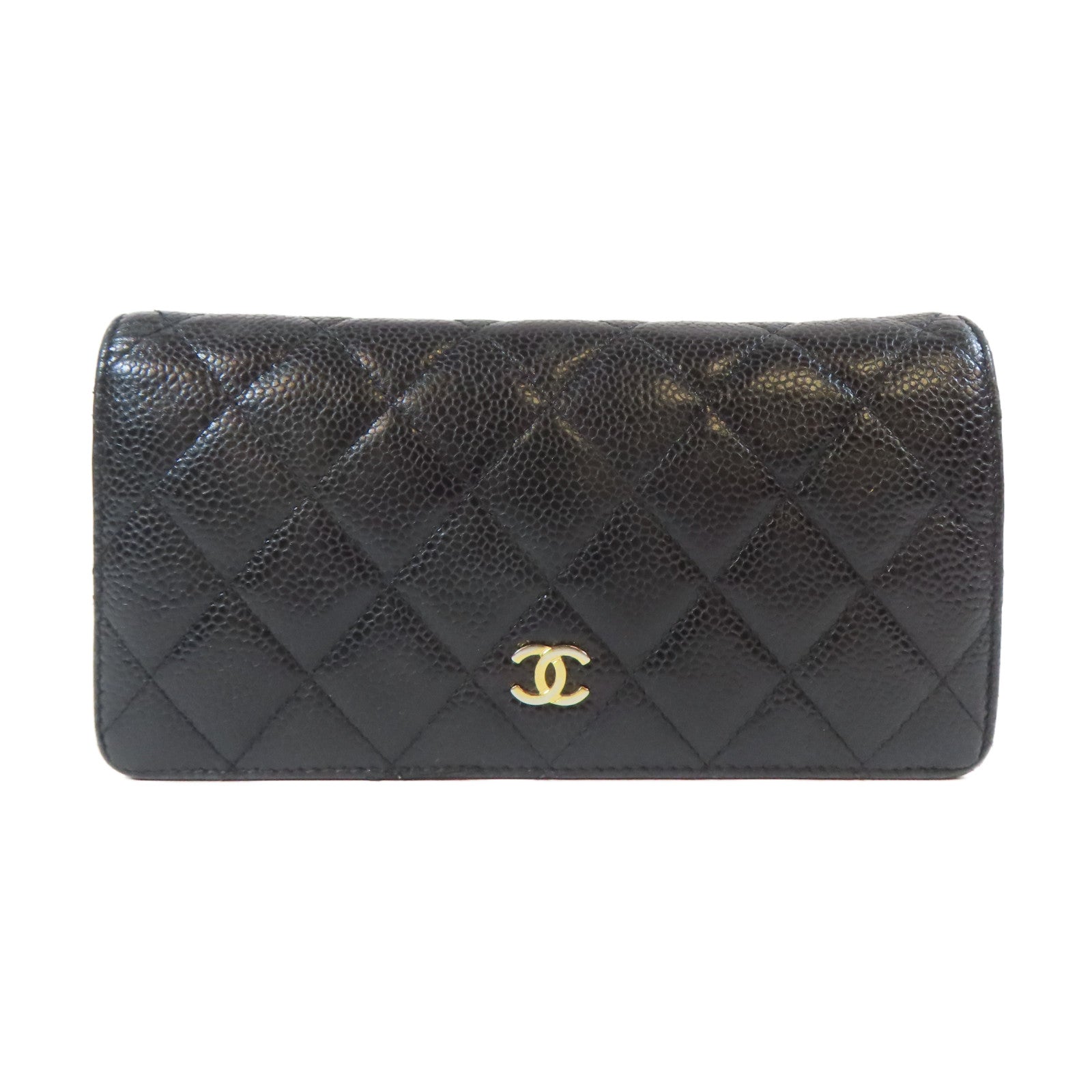 CHANEL 菱格Caviar皮革Long Bifold Wallet金扣長錢包黑色