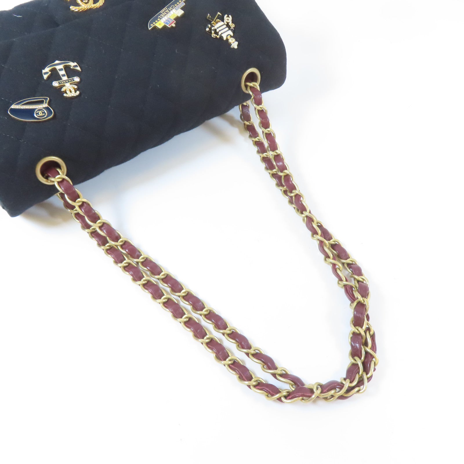 CHANEL 菱格羊毛Chain Shoulder金扣鏈帶肩背袋黑色