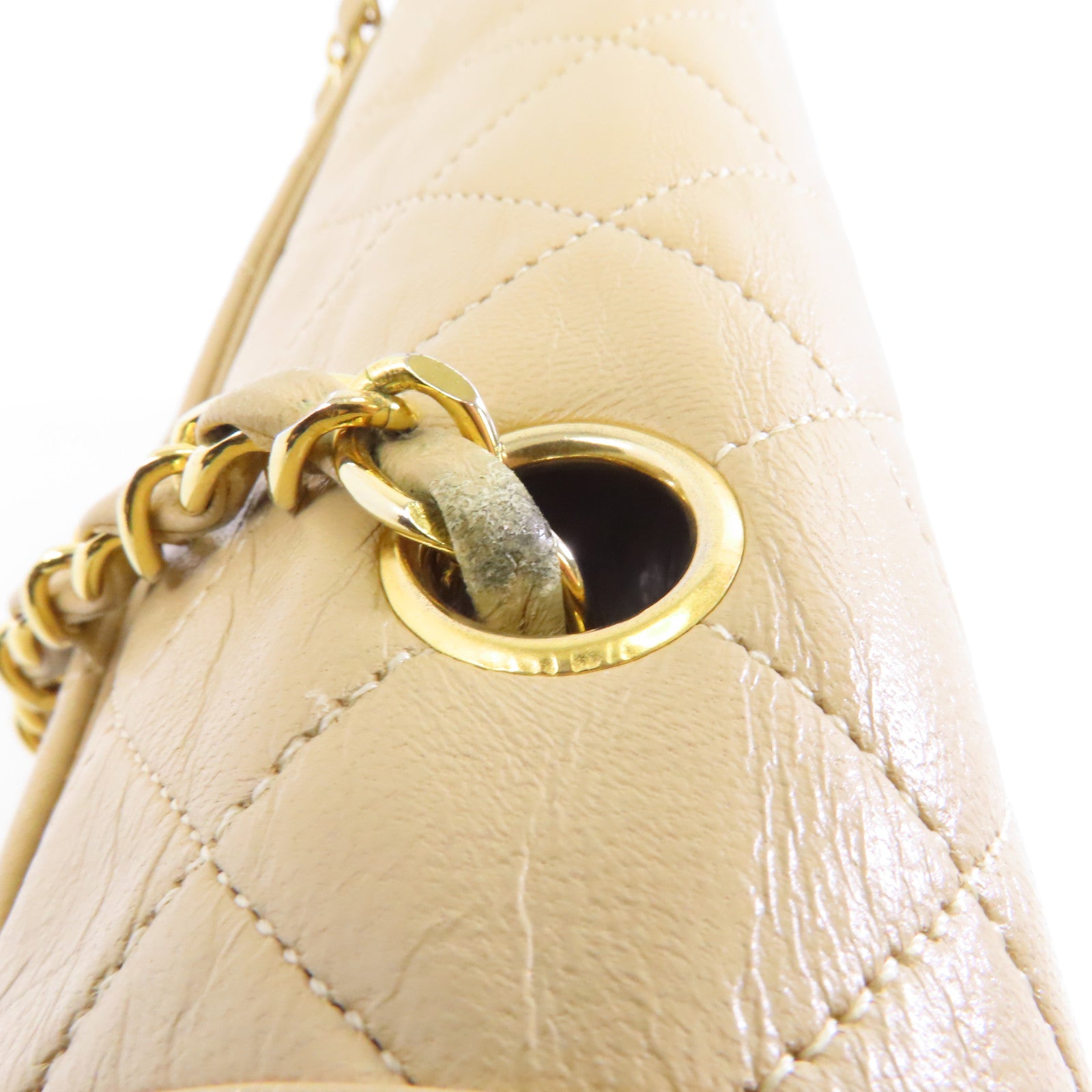 CHANEL 菱格羊皮皮革Chain Shoulder金扣肩背袋卡其色