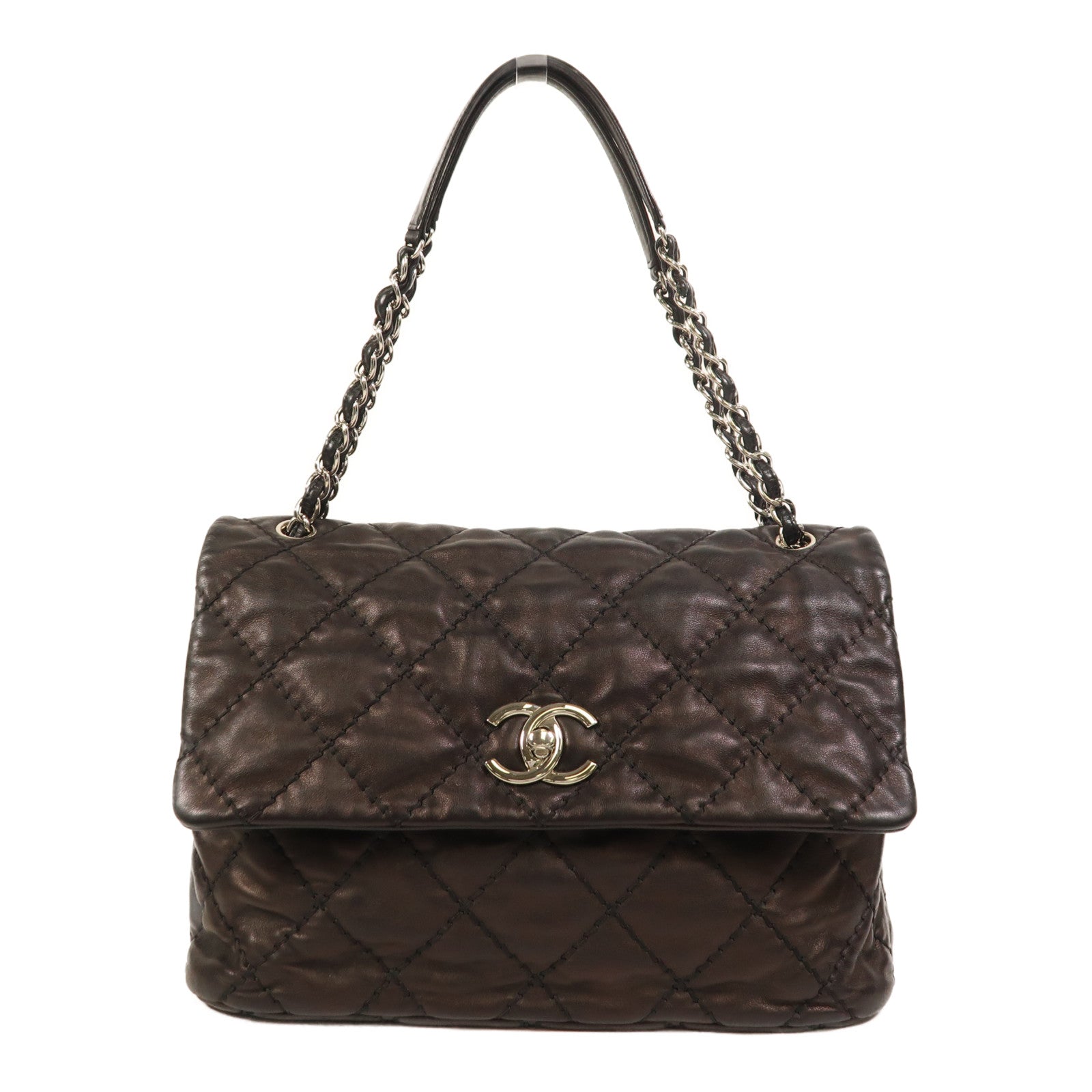 CHANEL 牛皮皮革Chain Shoulder銀扣鏈帶肩背袋