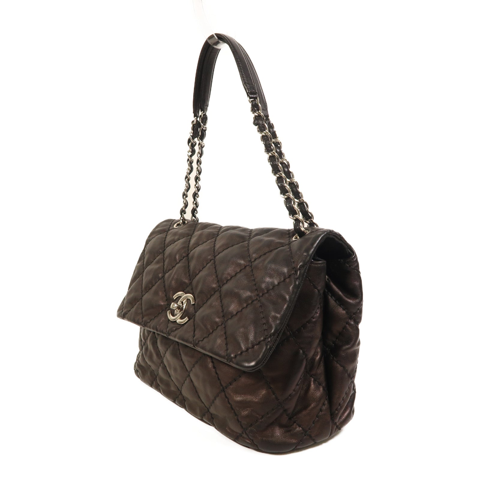 CHANEL 牛皮皮革Chain Shoulder銀扣鏈帶肩背袋