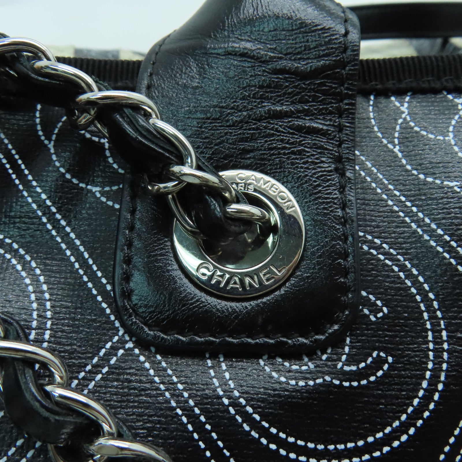 CHANEL 【激減優惠】塗層帆布Camellia Large Shopping Bag銀扣手挽袋黑色/白色