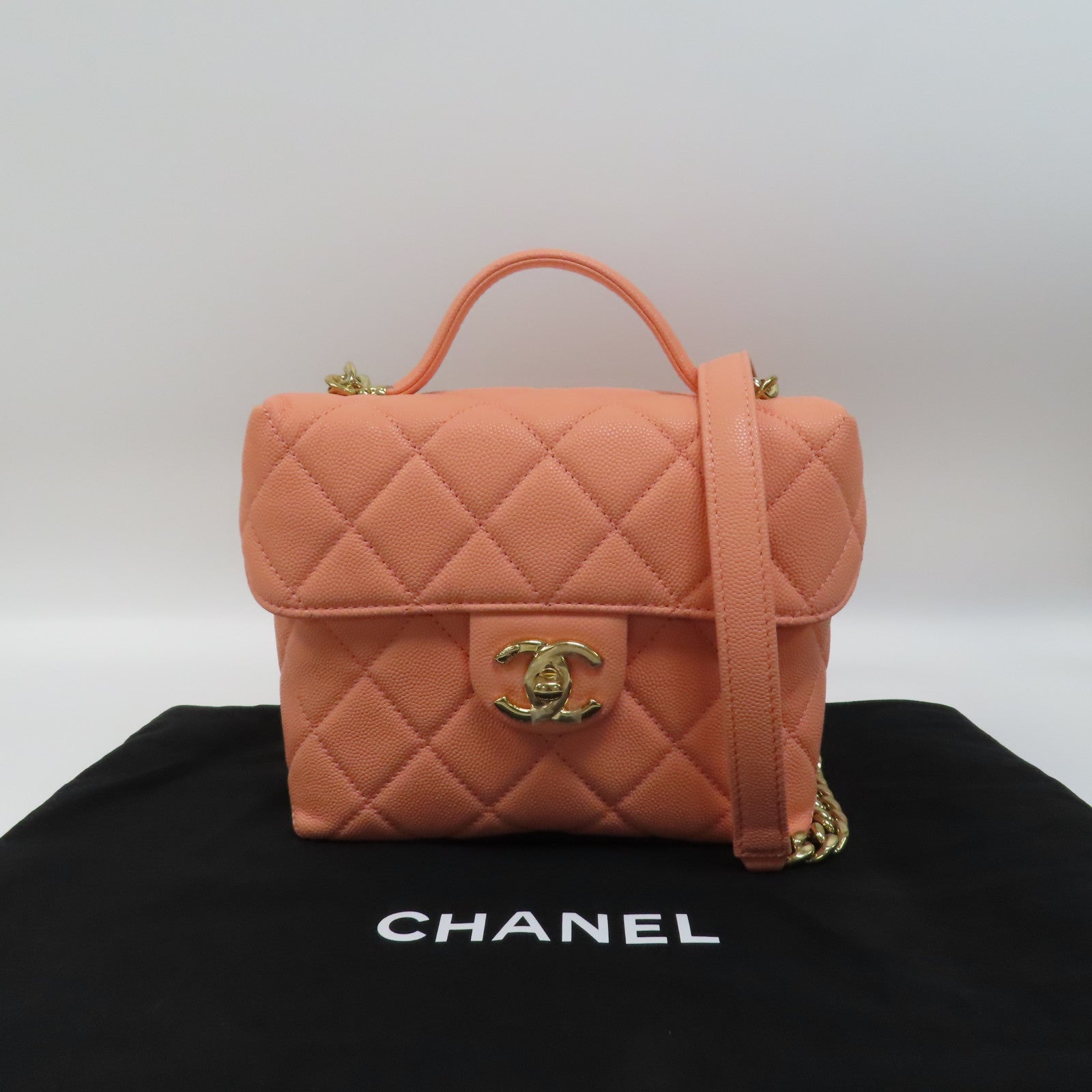 CHANEL 菱格Caviar皮革Chain Shoulder Bag金扣手挽肩背兩用袋粉橙色