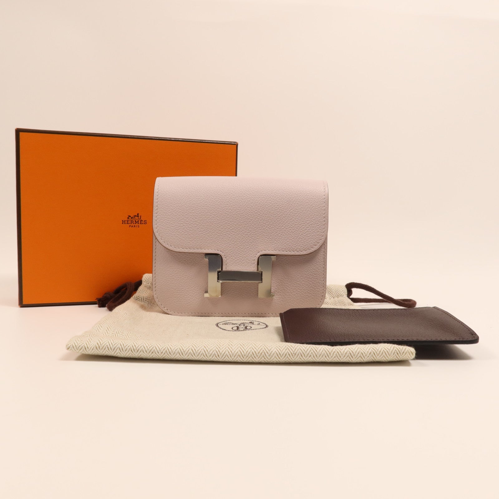 HERMES Evercolor皮革Constance Silm銀扣手拿包Rose Dragee