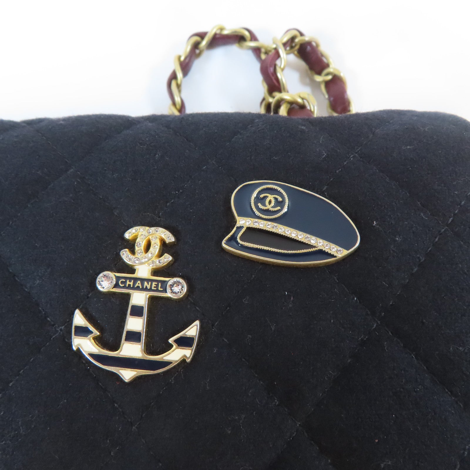 CHANEL 菱格羊毛Chain Shoulder金扣鏈帶肩背袋黑色