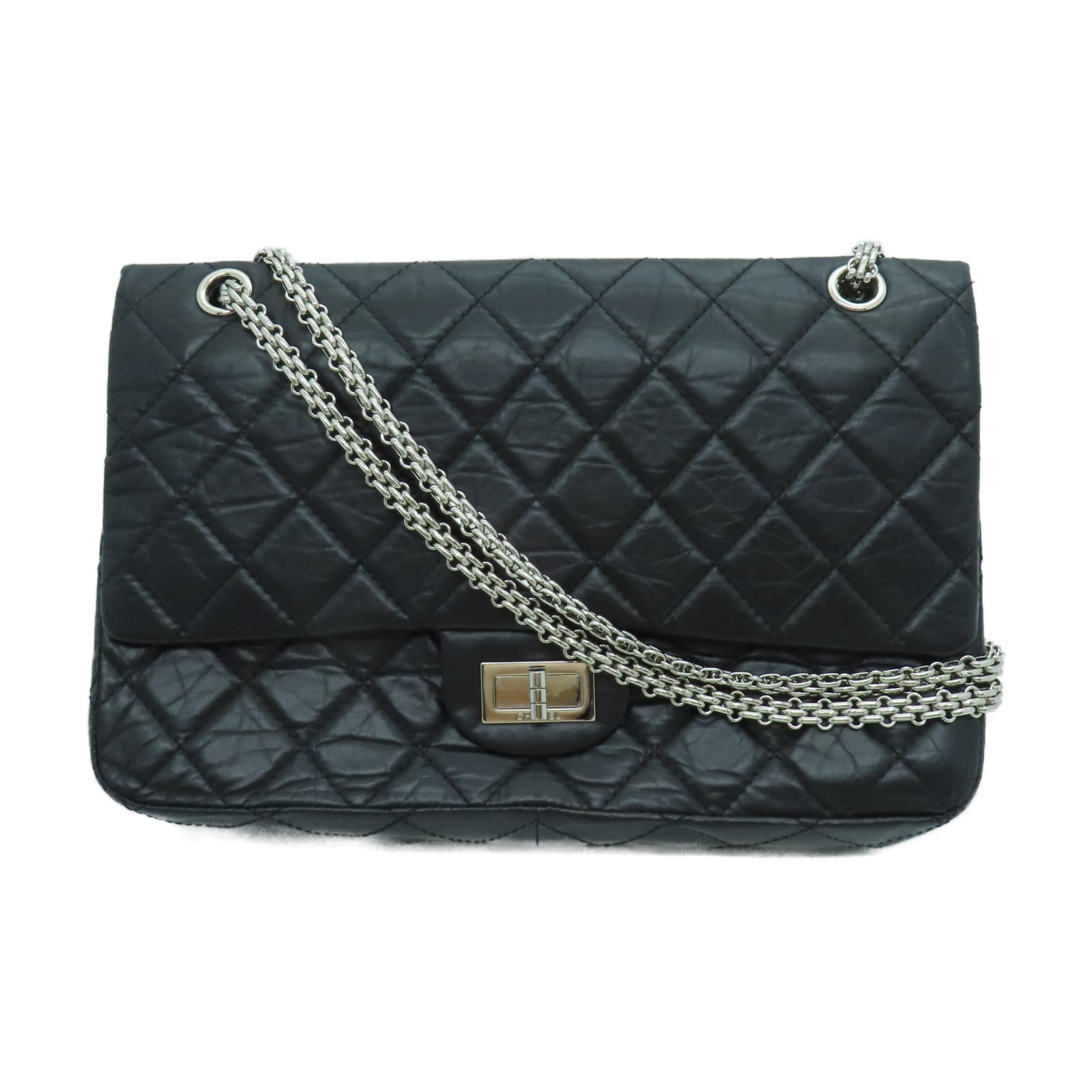 CHANEL 【清倉大減價】牛皮皮革2.55銀扣手挽肩背兩用袋黑色