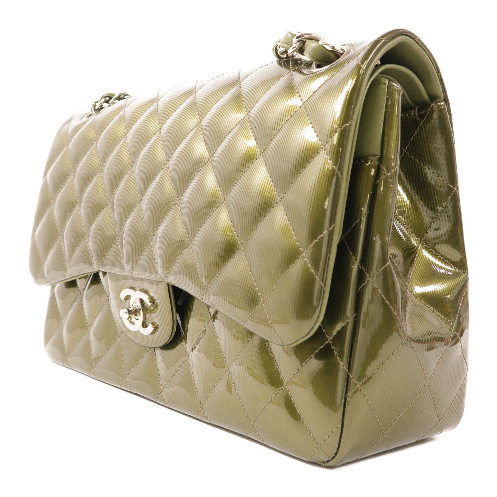 CHANEL CC SHW Large Classic Chain Shoulder Bag Patent Leather Green