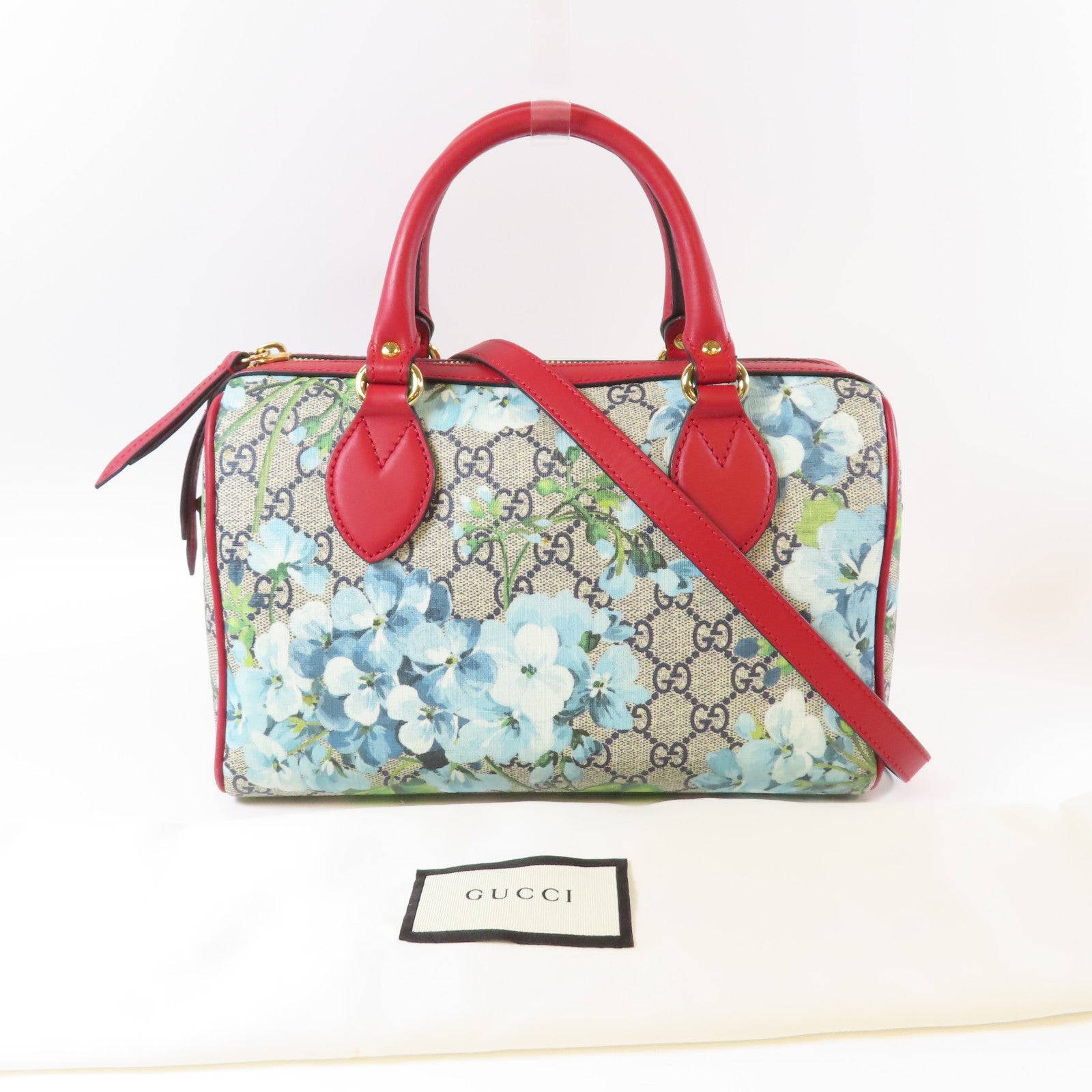 GUCCI 塗層帆布/牛皮皮革Floral Blooms Small GG Boston Bag金扣手挽肩背兩用袋藍色/紅色