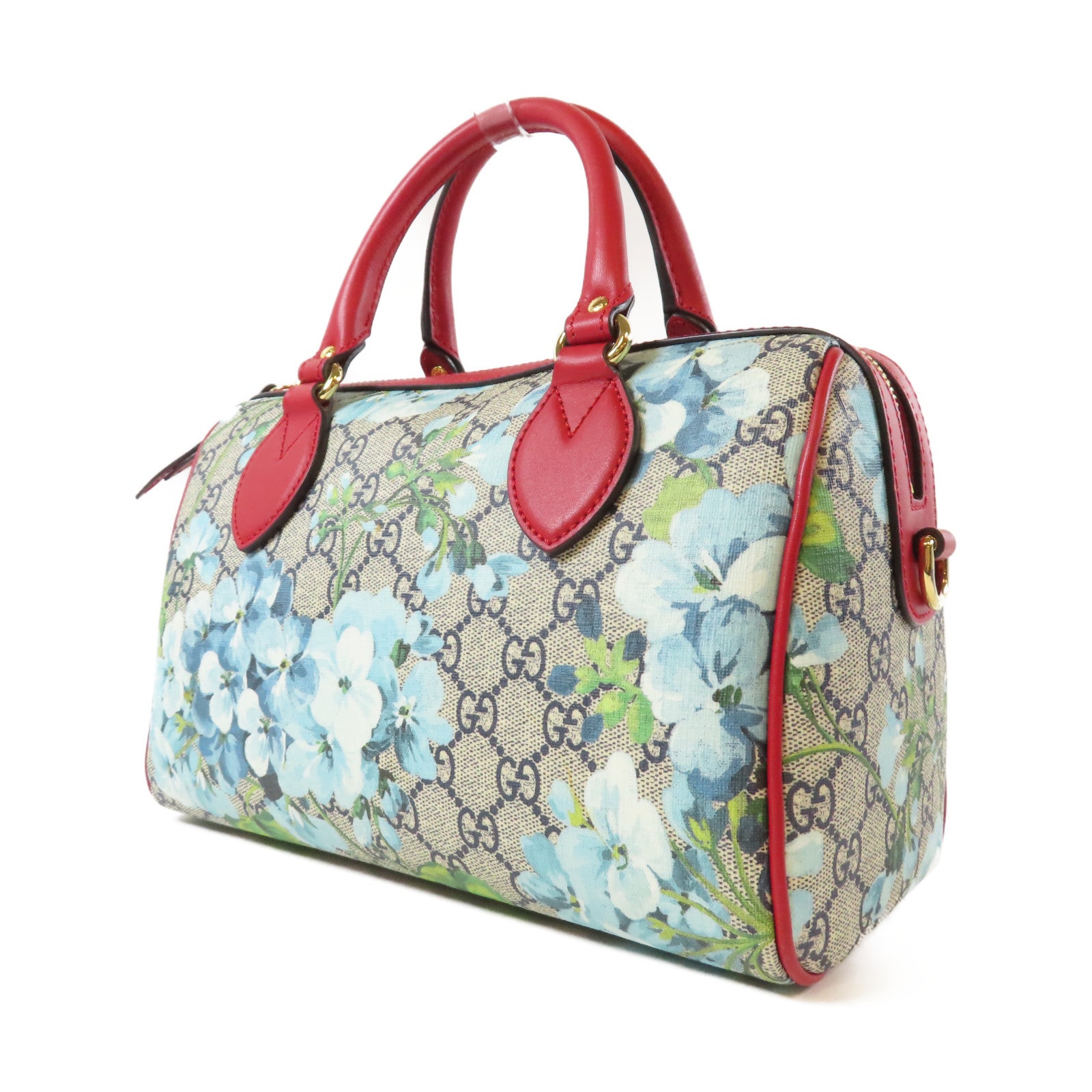 GUCCI 塗層帆布/牛皮皮革Floral Blooms Small GG Boston Bag金扣手挽肩背兩用袋藍色/紅色