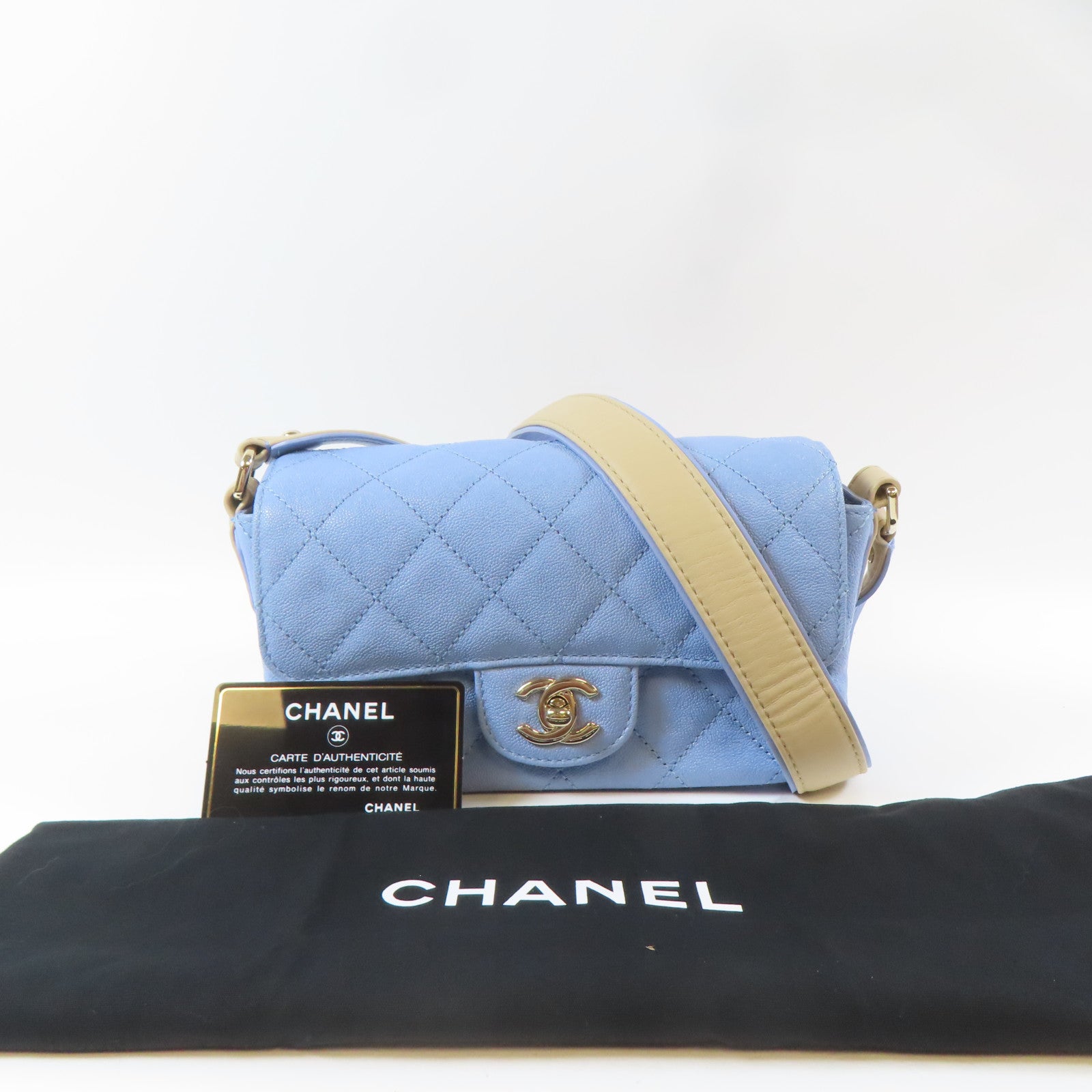 CHANEL 【激減優惠】菱格Caviar皮革Chain Shoulder金扣鏈帶肩背袋藍色/米色