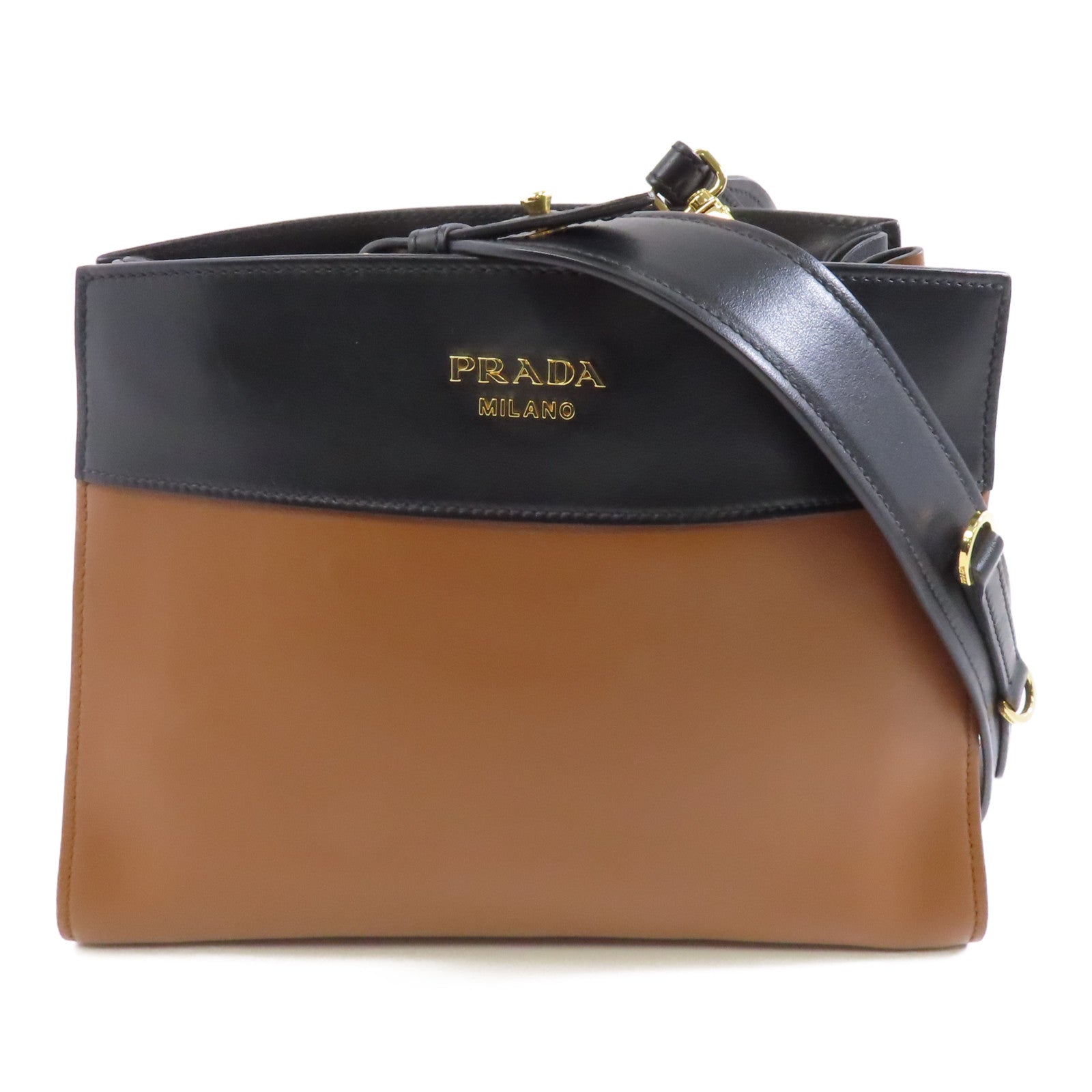 PRADA 【激減優惠】牛皮皮革Shoulder Bag金扣肩背袋啡色/黑色
