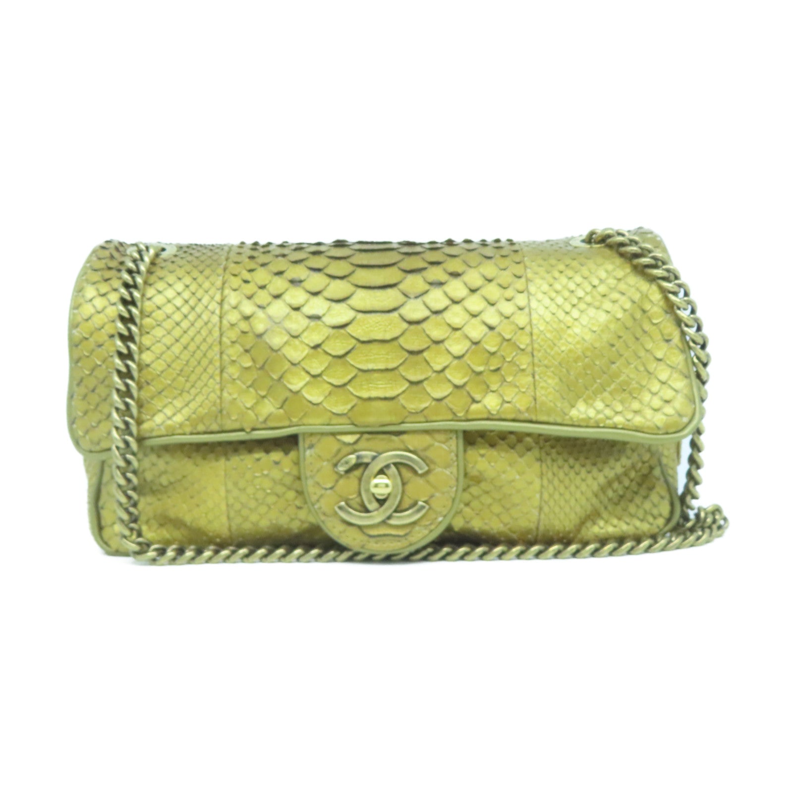 CHANEL 【清倉大減價】蛇皮皮革Chain Shoulder金扣鏈帶肩背袋金色