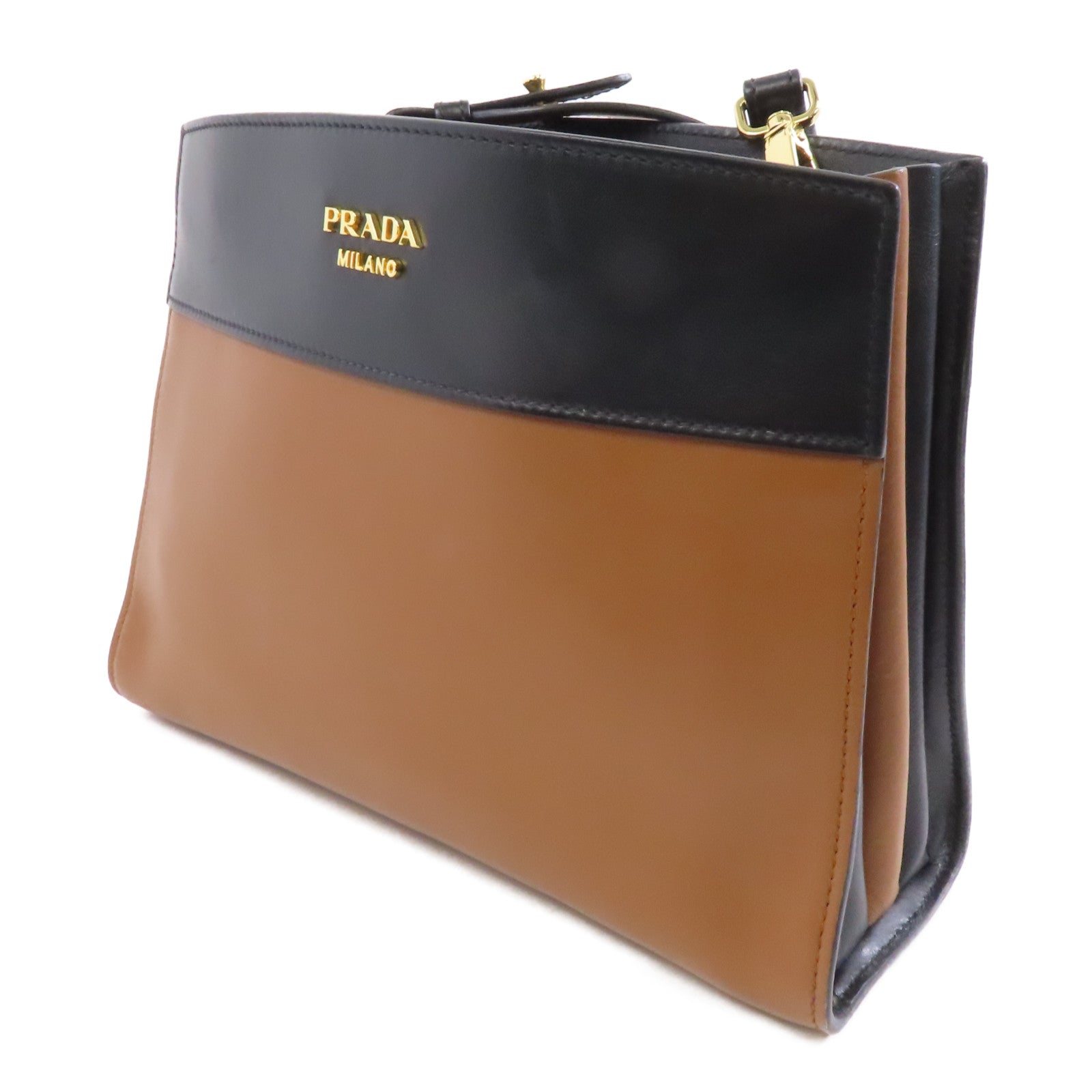 PRADA 【激減優惠】牛皮皮革Shoulder Bag金扣肩背袋啡色/黑色