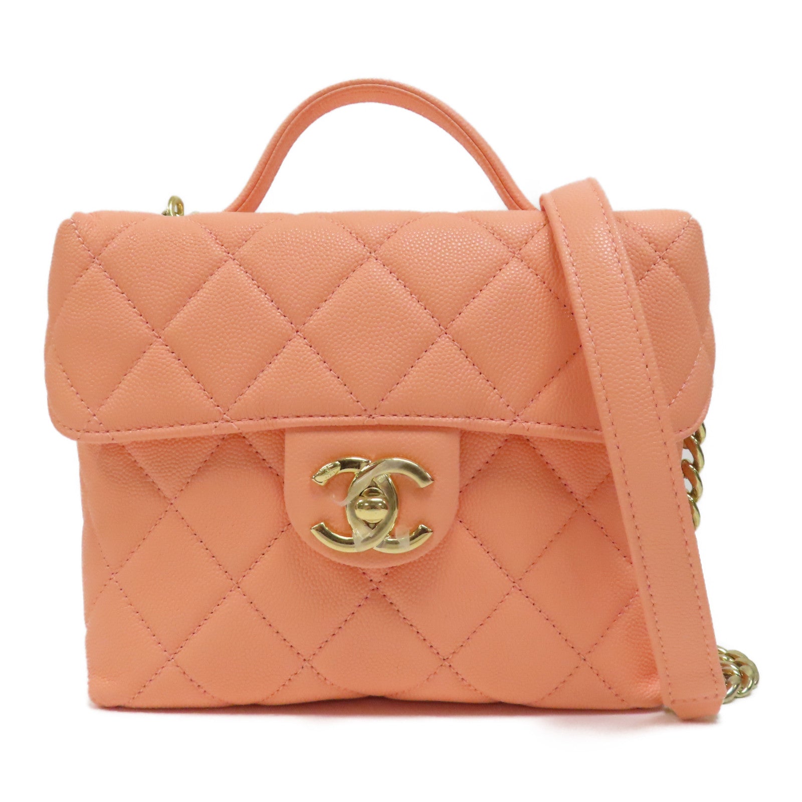CHANEL 菱格Caviar皮革Chain Shoulder Bag金扣手挽肩背兩用袋粉橙色