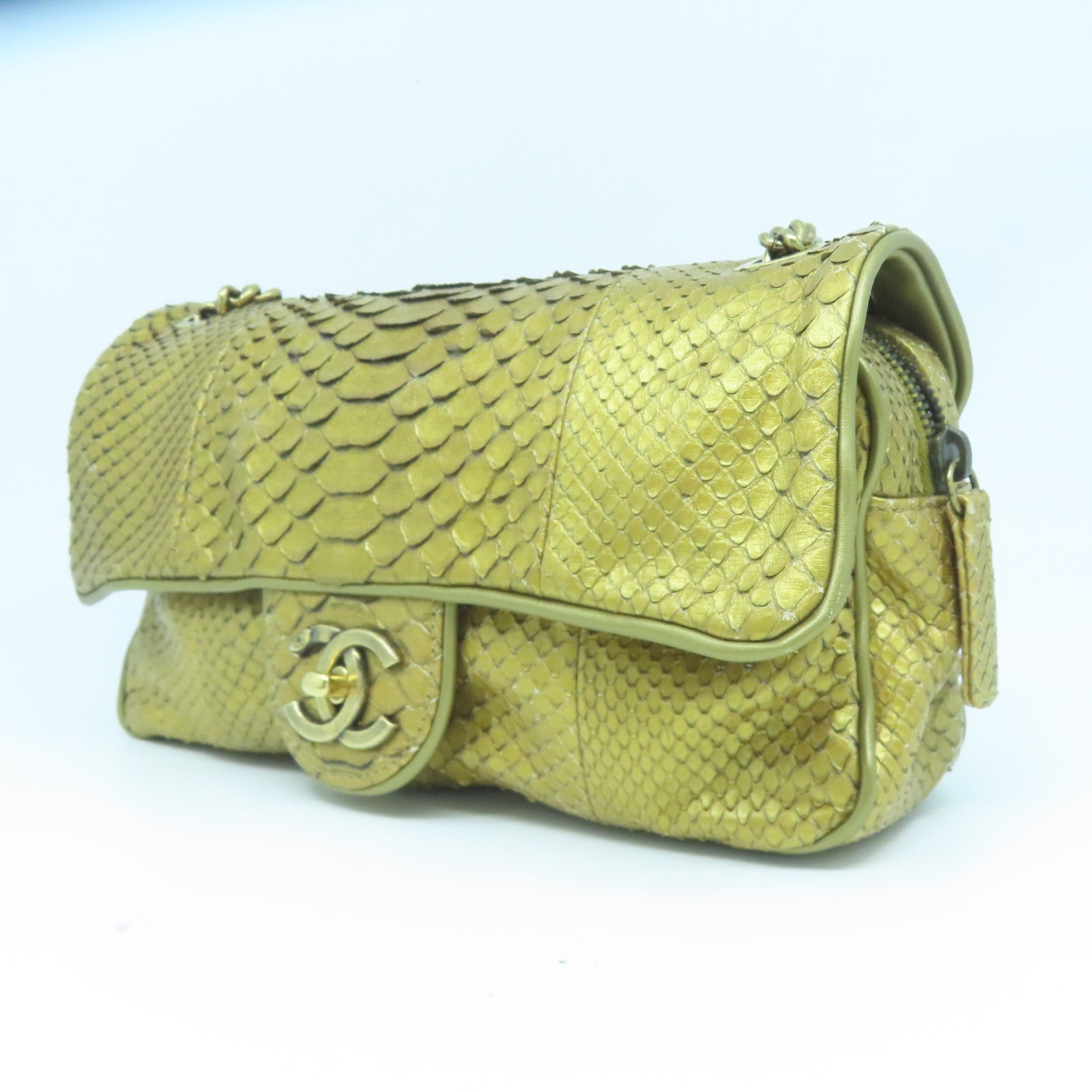 CHANEL 【清倉大減價】蛇皮皮革Chain Shoulder金扣鏈帶肩背袋金色