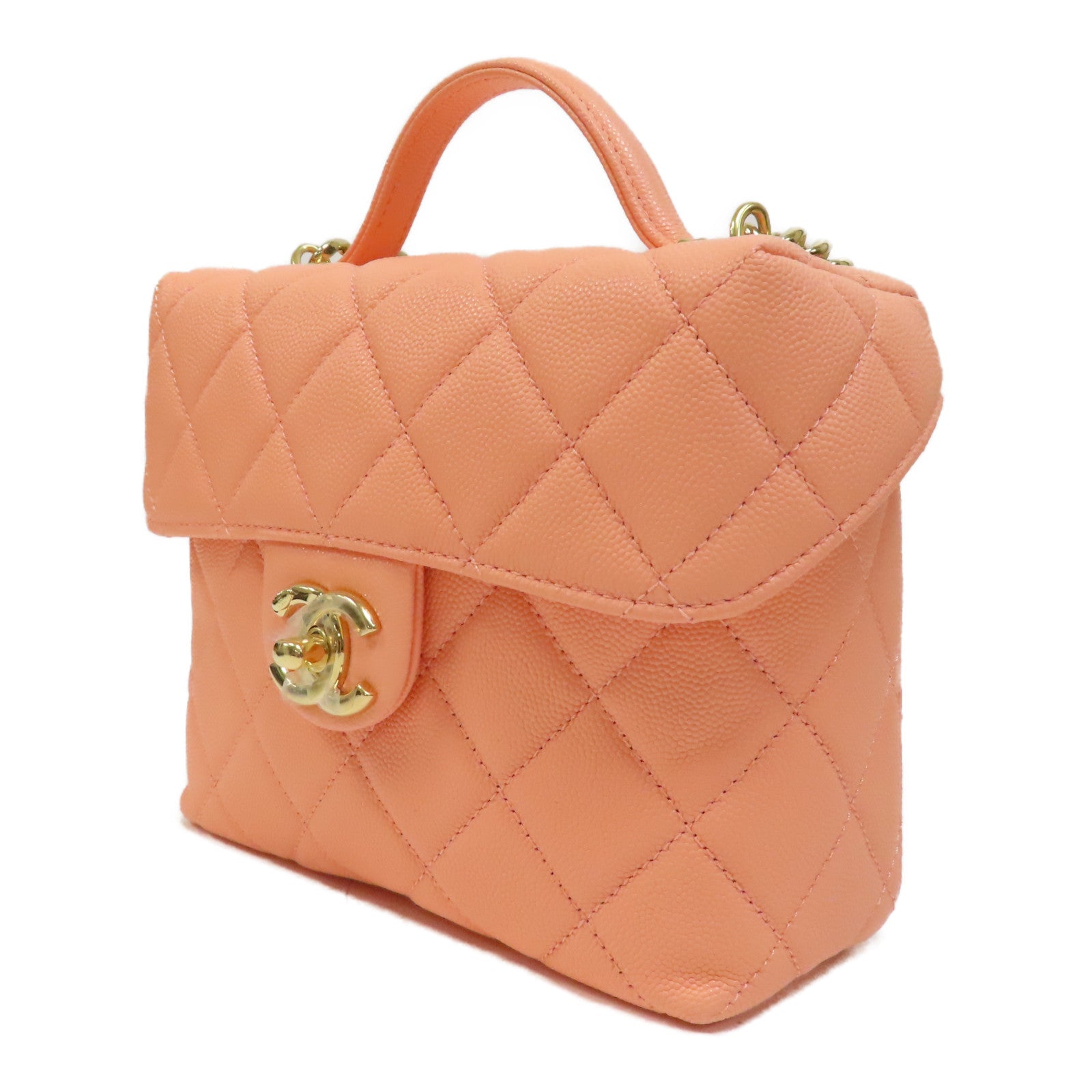 CHANEL 菱格Caviar皮革Chain Shoulder Bag金扣手挽肩背兩用袋粉橙色