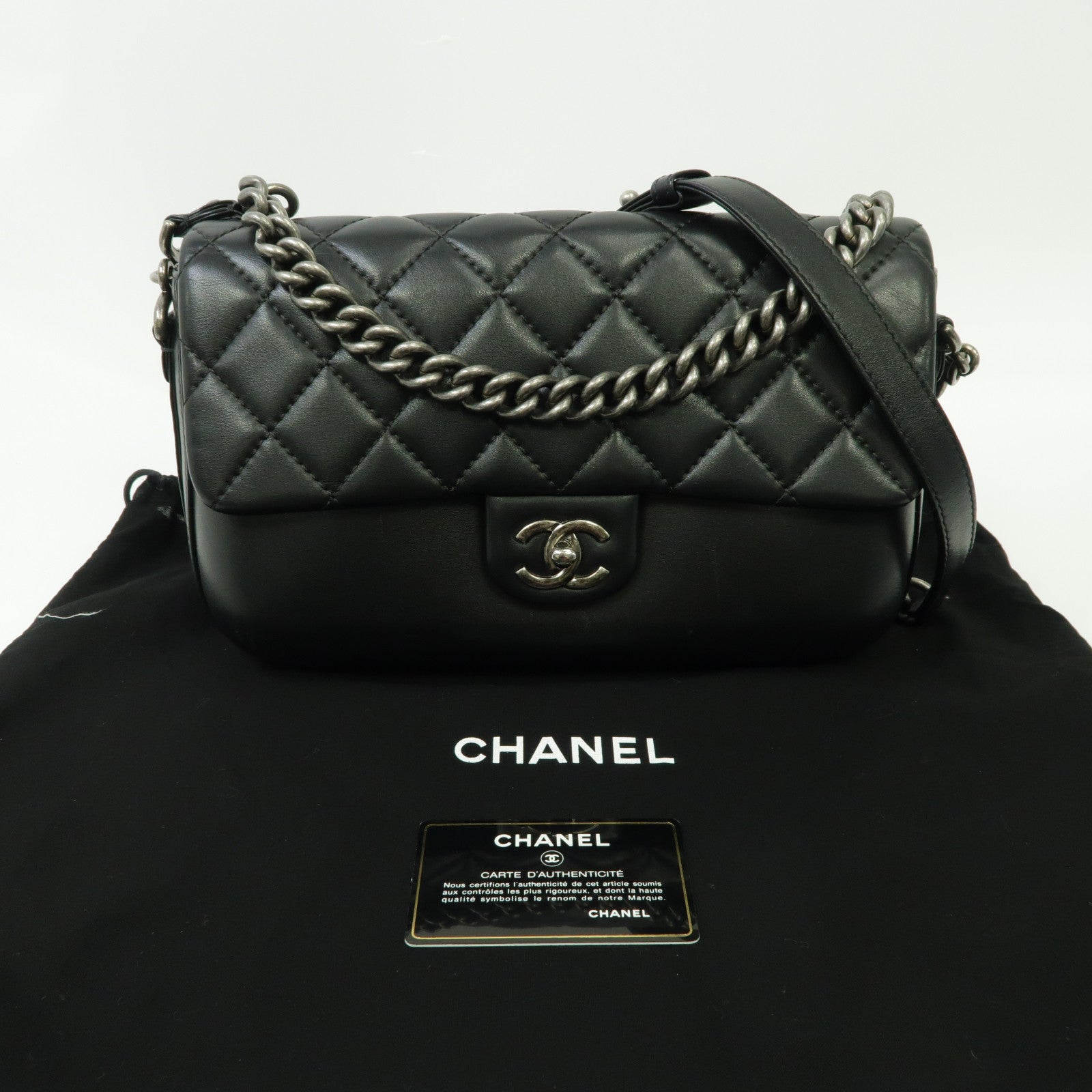 CHANEL 【激減優惠】菱格牛皮皮革Chain Shoulder銀扣鏈帶肩背袋黑色
