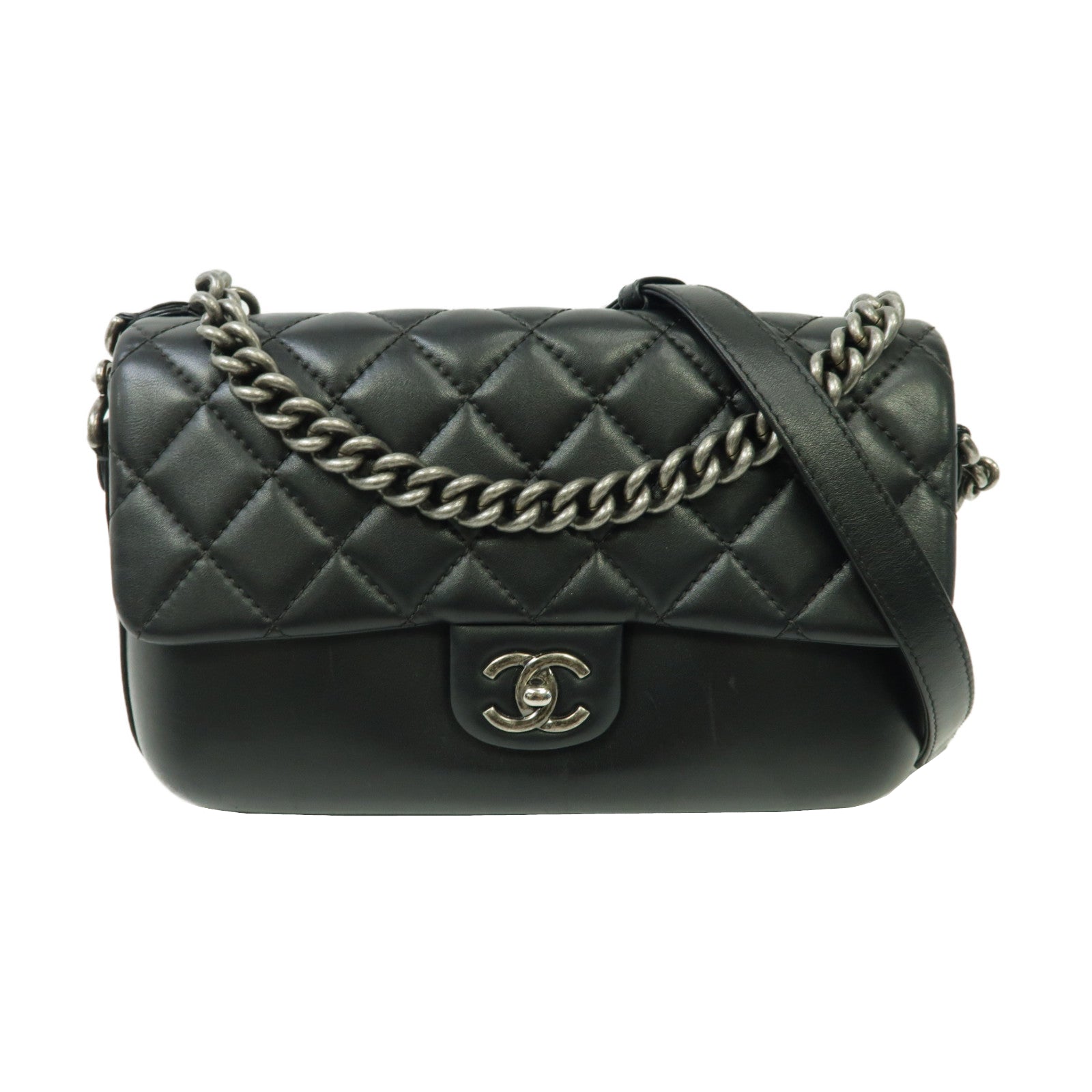 CHANEL 【激減優惠】菱格牛皮皮革Chain Shoulder銀扣鏈帶肩背袋黑色