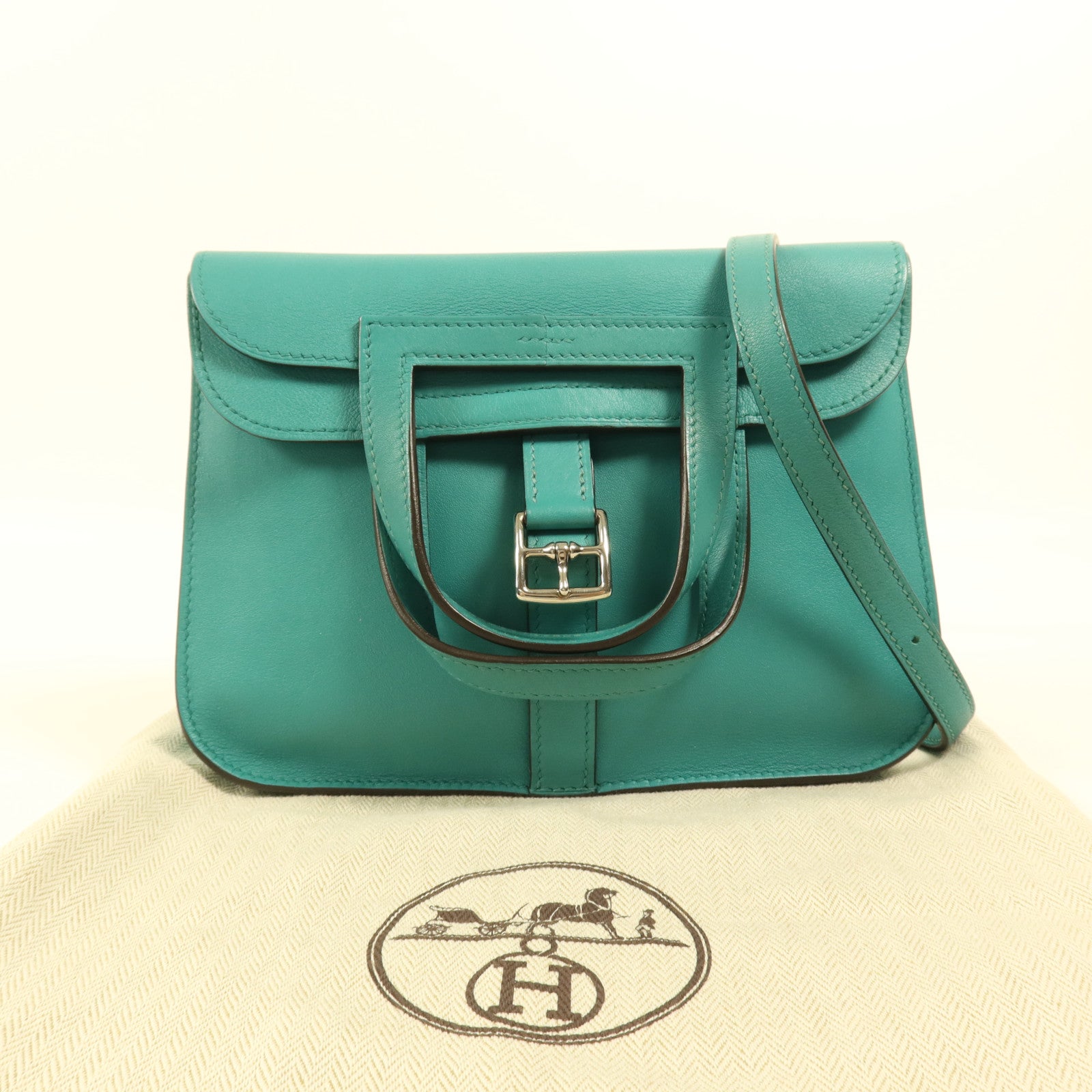 HERMES Swift皮革Halzan Mini銀扣鏈帶肩背袋Bleu Paon