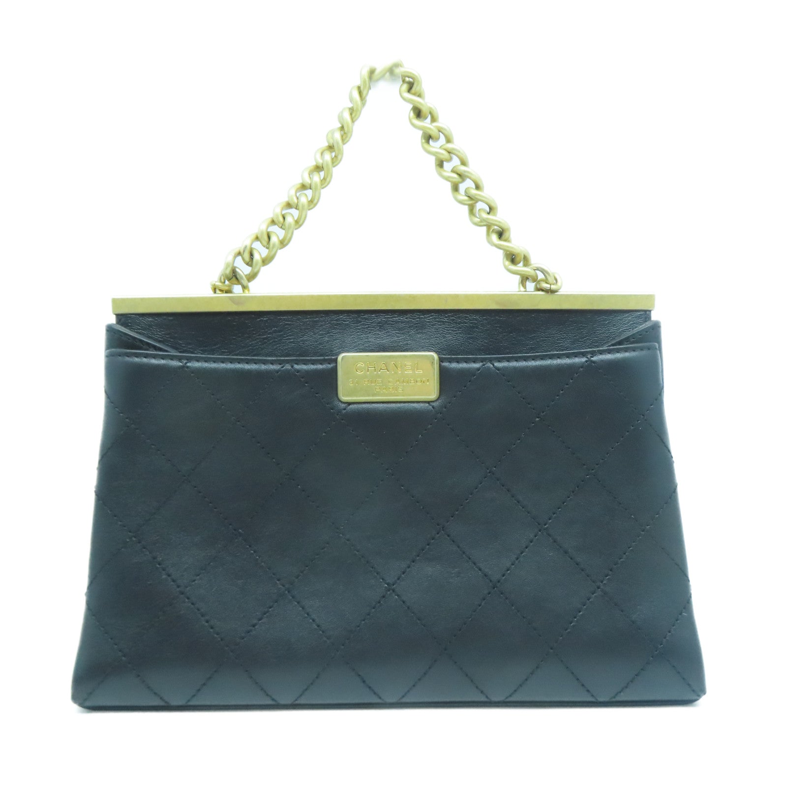 CHANEL 【清倉大減價】菱格牛皮皮革Chain Shoulder金扣手挽肩背兩用袋黑色
